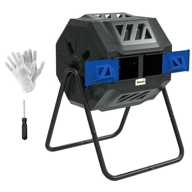 Tumbling Compost Bin Outdoor Dual Chamber 360° Rotating Composter 43 Gallon with Sliding Doors, Blue