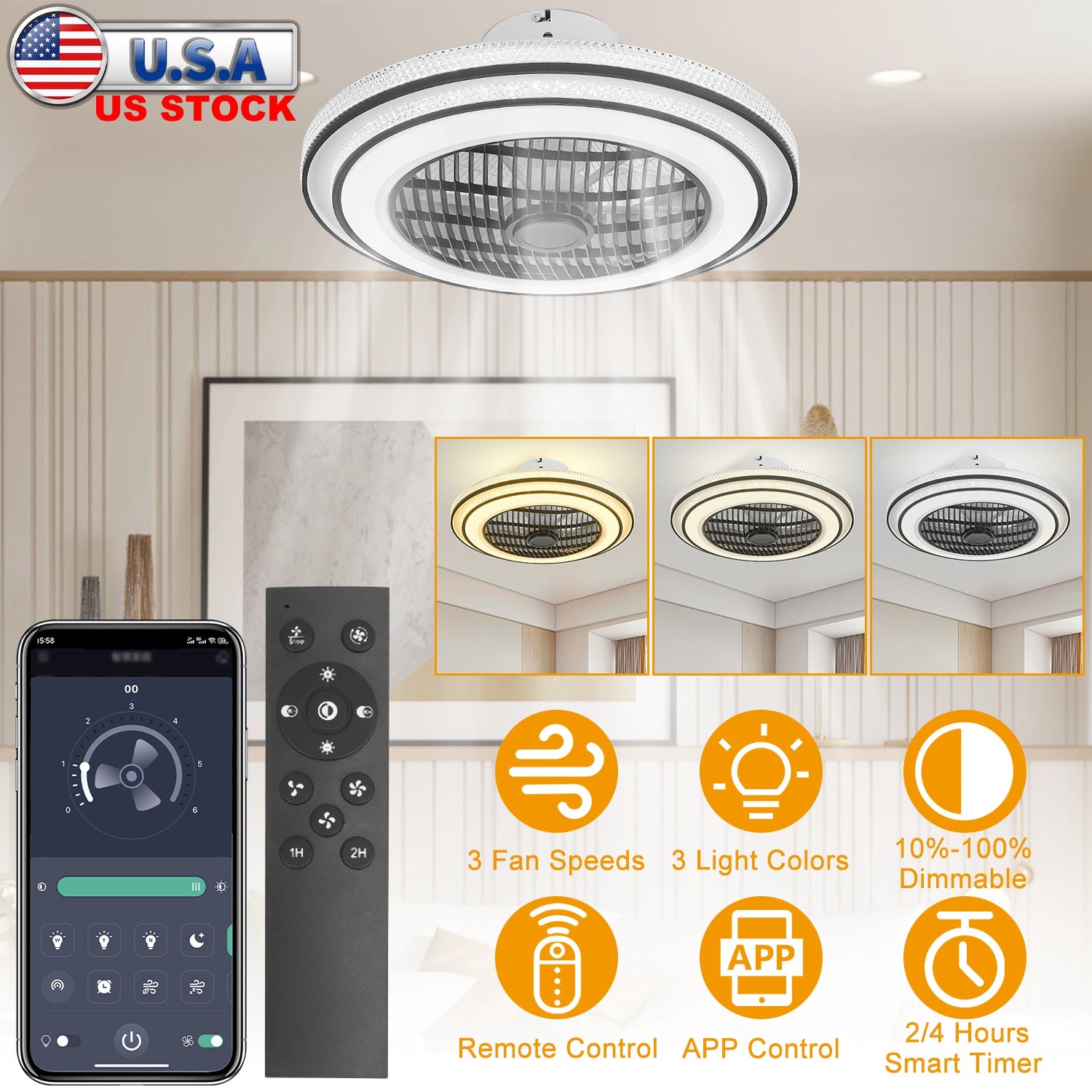 20.5in Ceiling Fan with Light Round Pendant Fan Lamp 30W LED Ceiling Fan with 3-Fan Speed Remote Control Timer APP Control