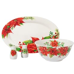 Gibson Home 4 Piece Ceramic Serving Set in White With Poinsettia Decorations - Free Shipping