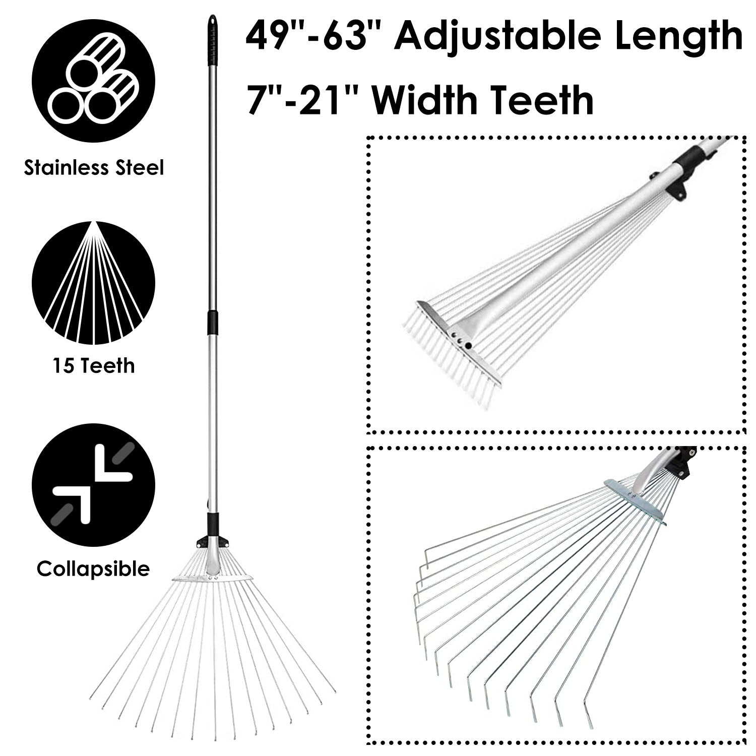 63in Adjustable Garden Leaf Rake 15 Teeth Expanding Stainless Steel Rake For Quick Clean Lawn Yard Garden w/ 7-21inch Teeth Width Folding Head