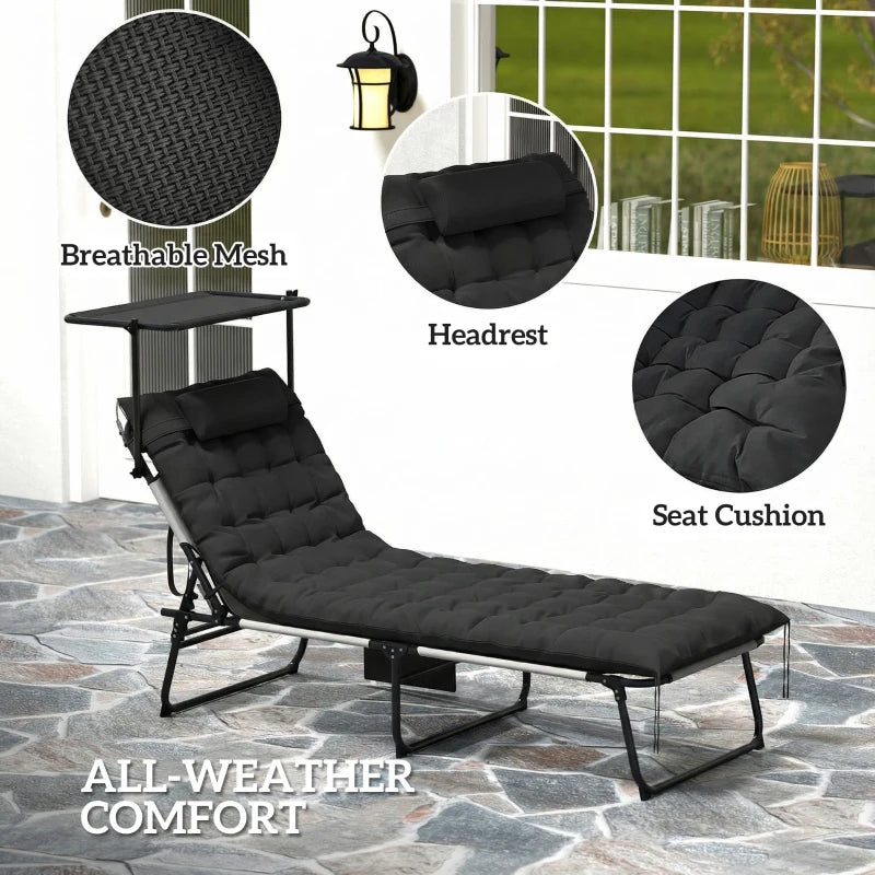 Folding Lounge Chair with Adjustable Canopy, 4-Position Outdoor Tanning Chair with Headrest, Black