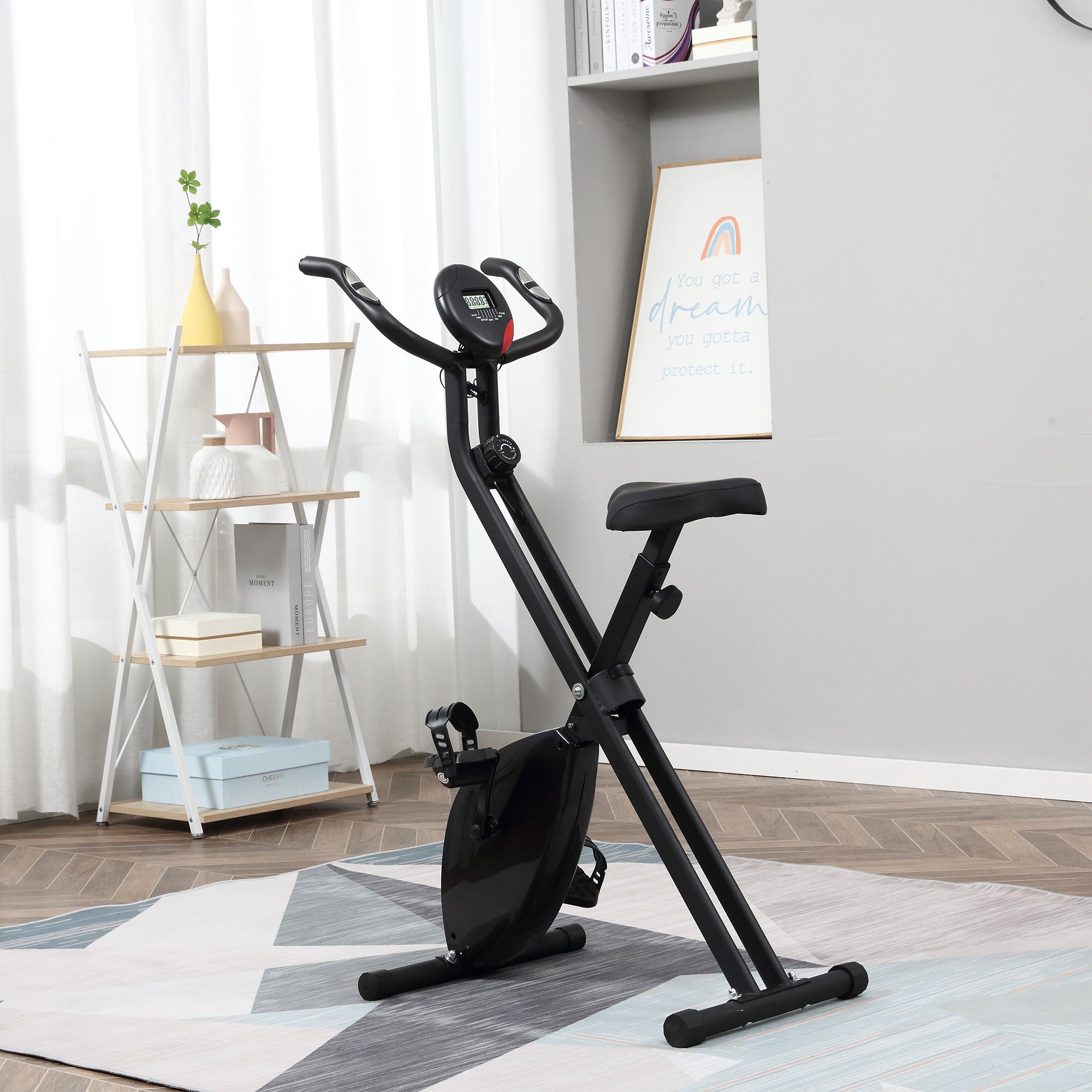 Soozier Folding X Bike Upright Exercise Bike 8-Level Resistance Stationary Fitness Cardio Workout Trainer LCD