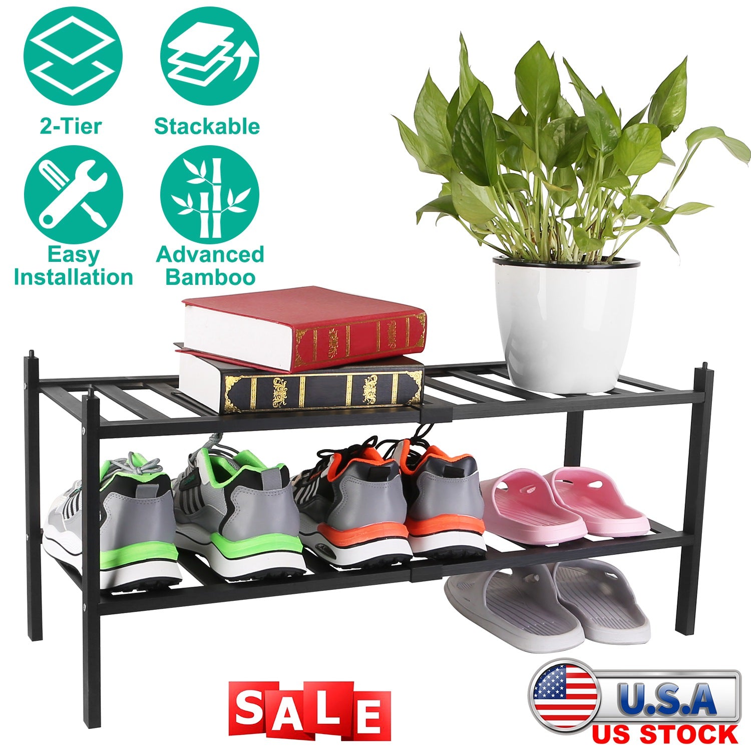 Bamboo Shoe Rack 2-Tier Stackable Shoe Shelf Free Standing Small Shoe Storage Organizer for Entryway Closet Bedroom Bathroom Living Room