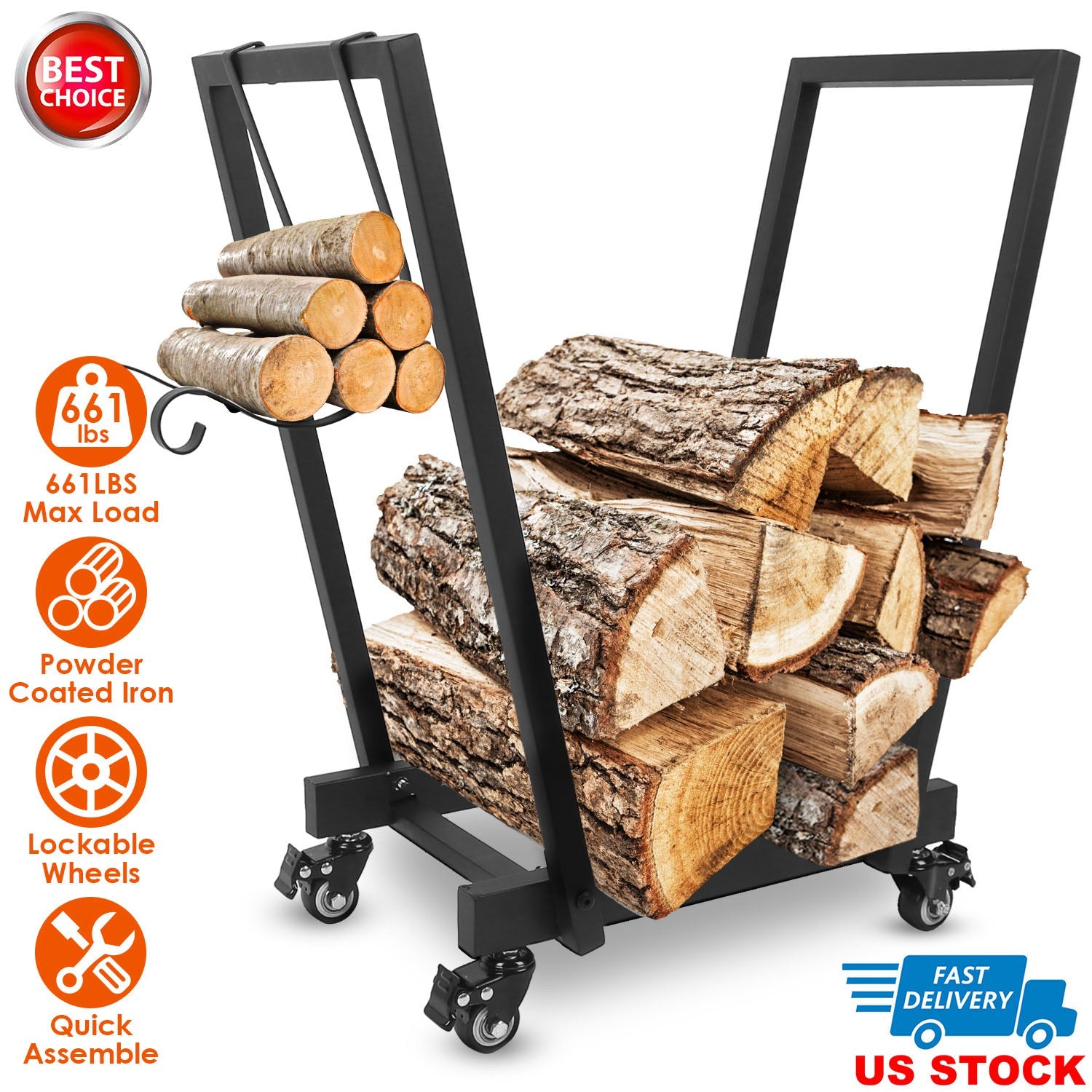 18.5x10.86x23.42in Firewood Log Rack 661LBS Iron Wood Lumber Storage Stacking Rack Iron Storage Holder for Fireplace Firepit with 2 Hanging Hooks 4 Sw
