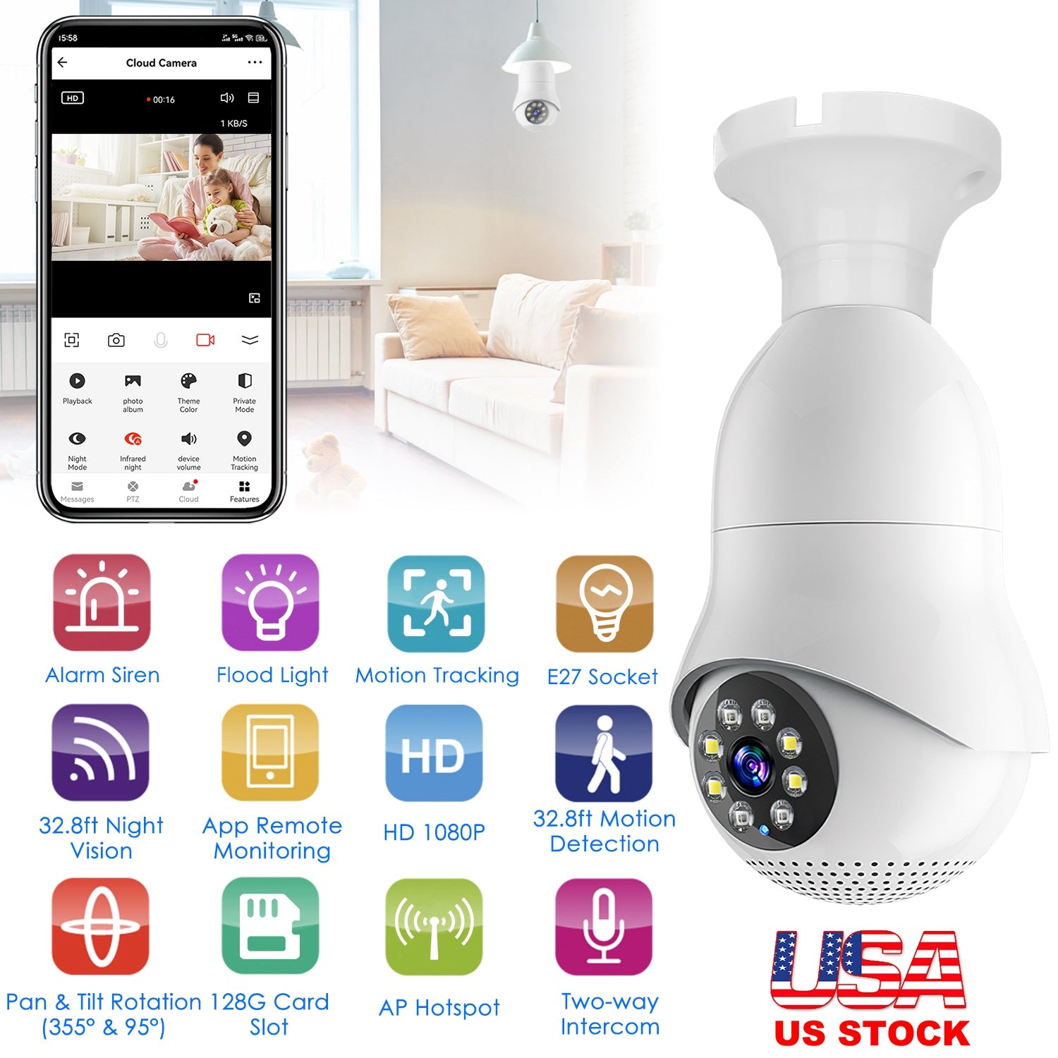 E27 WiFi Bulb Camera 1080P FHD WiFi IP Pan Tilt Security Surveillance Camera with Two-Way Audio Night Vision Flood Light Motion Tracking Siren Functio