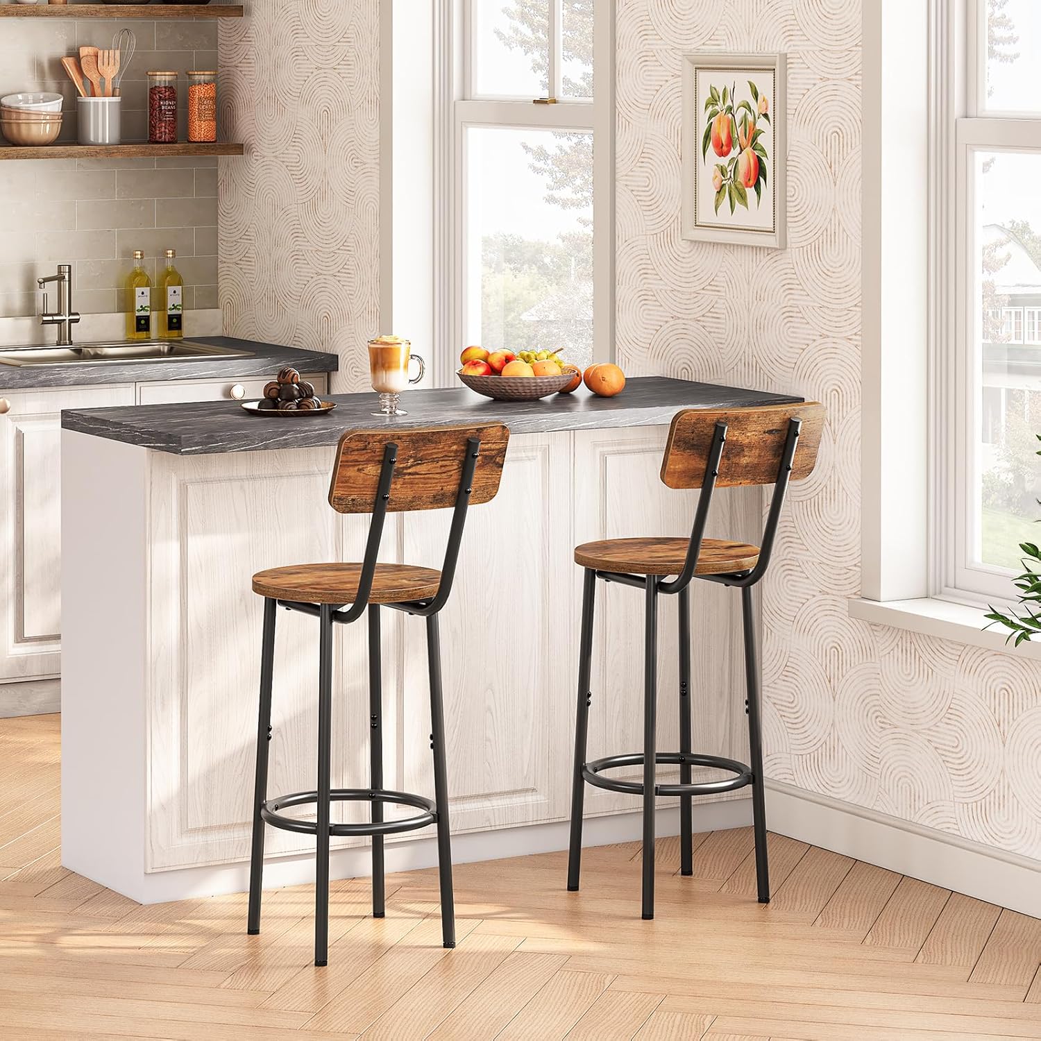 HOOBRO Bar Stools Set of 2 with Backrest & Footrest, Industrial Counter Height Bar Chairs, Rustic Brown & Black BF32BY01G2