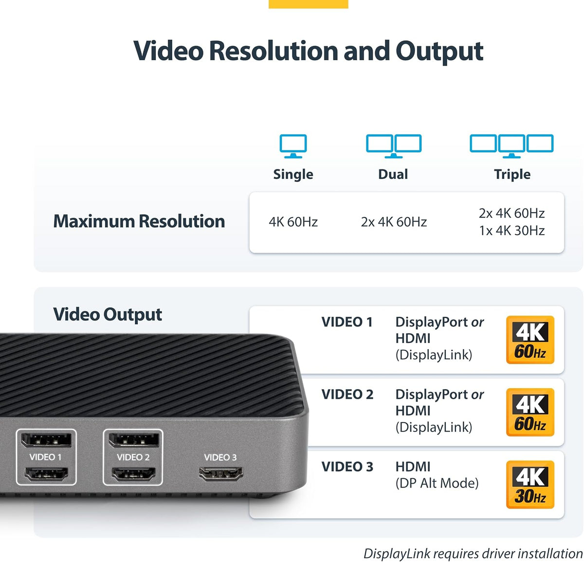 StarTech USB-C Triple 4K Monitor Docking Station, 100W Power Delivery, HDMI & DisplayPort, USB-C, Ethernet