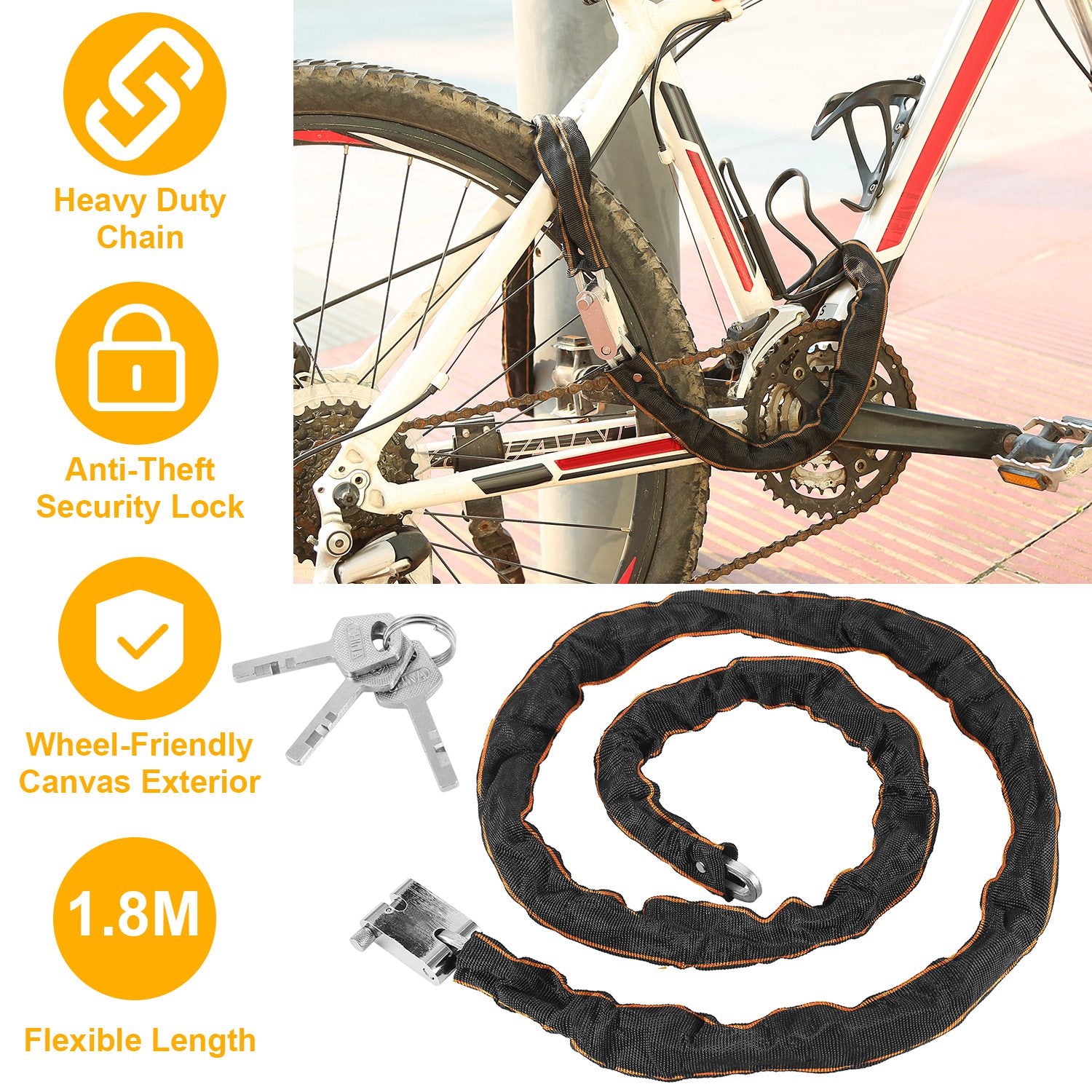 1.8M Bike Chain Lock w/ 3 Keys Heavy Duty Security Lock Bicycle Motorcycle Motor Bike Chain Lock