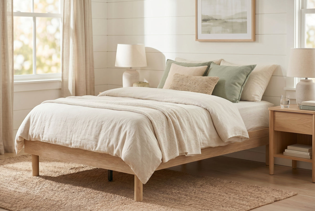 Queen Platform Bed Frame, Natural Oak-Look, Low Profile