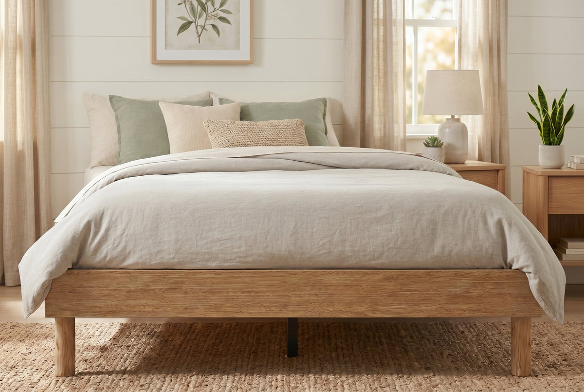 King Platform Bed Frame, Natural Oak-Look, Low Profile