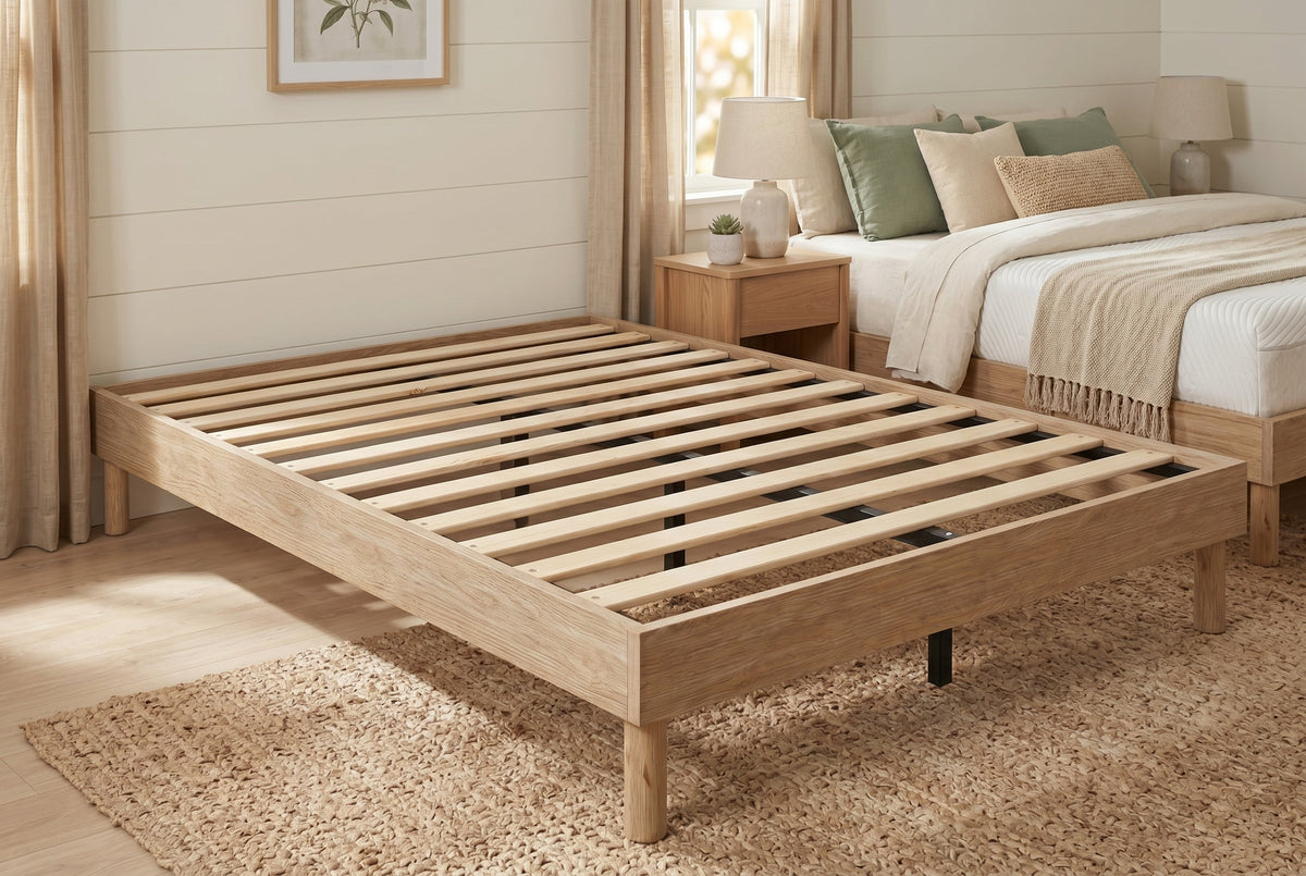 King Platform Bed Frame, Natural Oak-Look, Low Profile