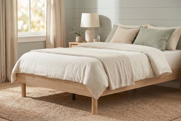 Double Platform Bed Frame, Natural Oak-Look, Low Profile