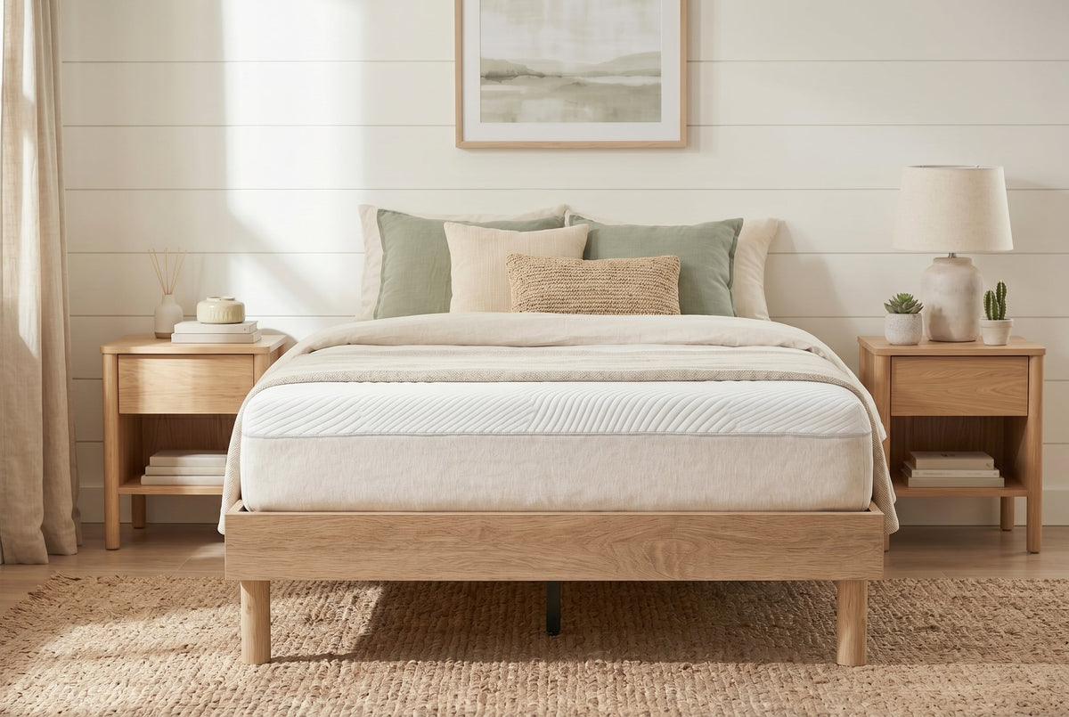 Double Platform Bed Frame, Natural Oak-Look, Low Profile