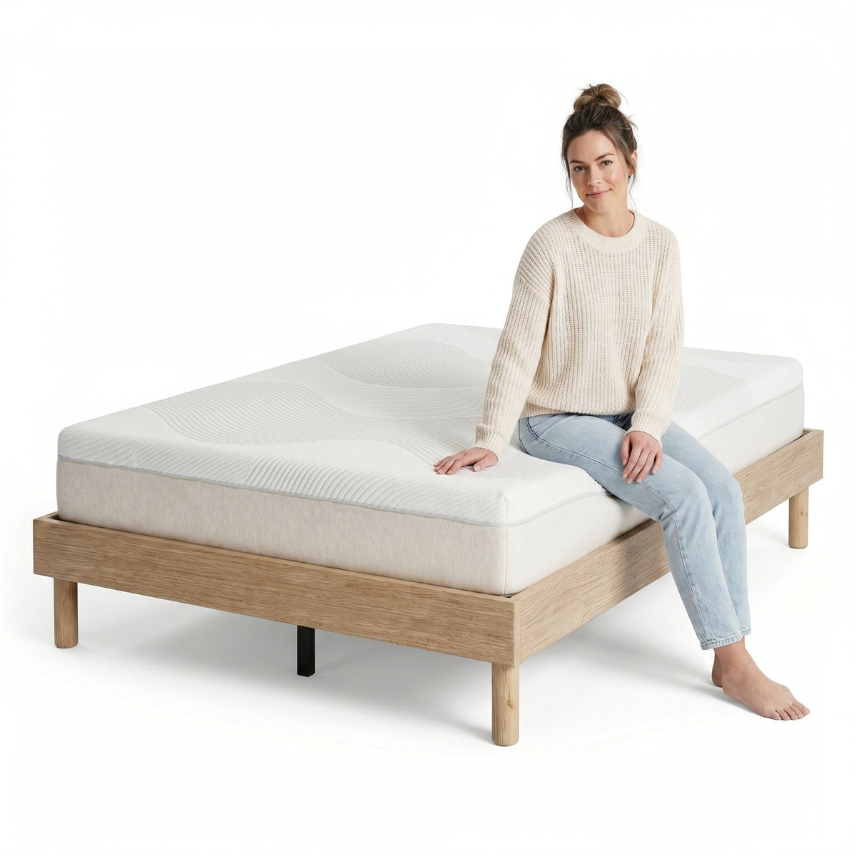 Double Platform Bed Frame, Natural Oak-Look, Low Profile