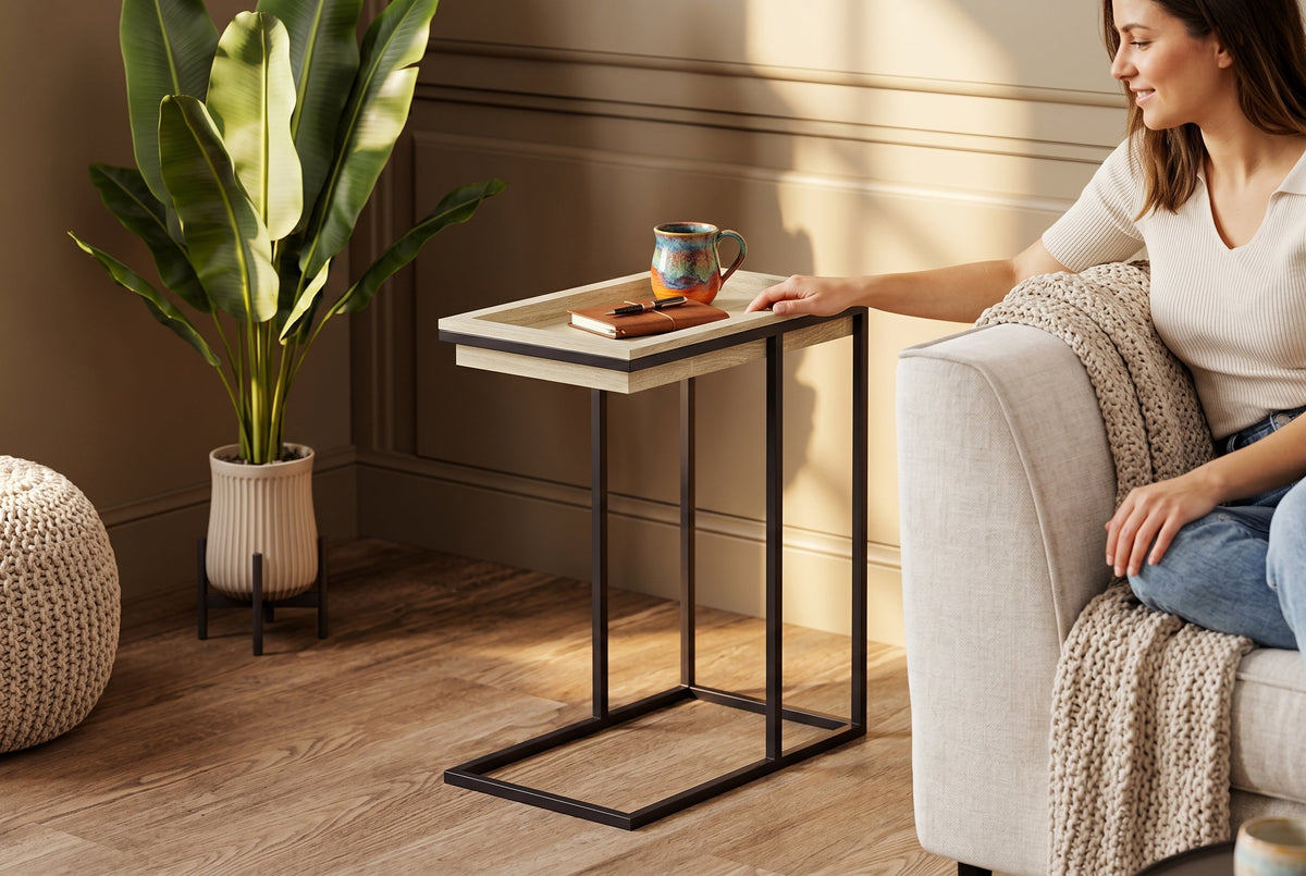 C-Shaped End Table with Sunken Tray Top, Black Metal Frame