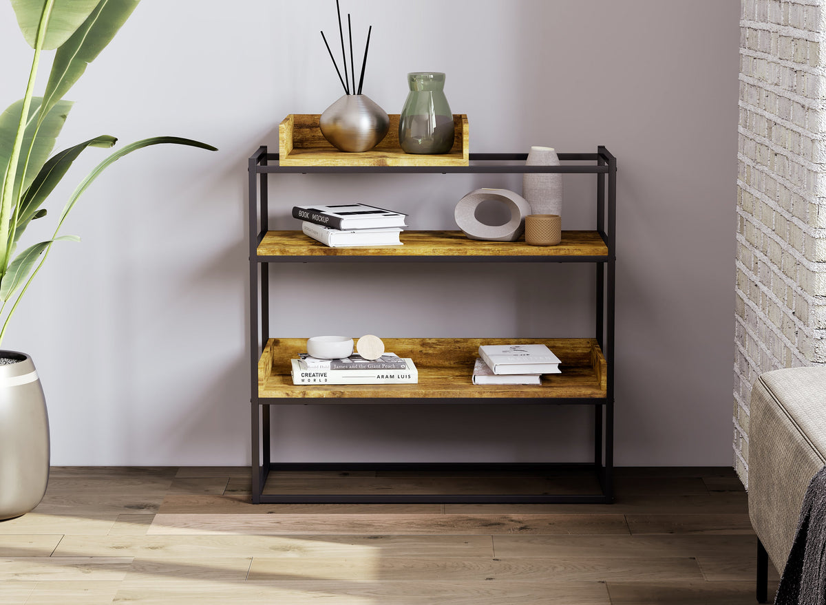 Entryway Console Table, 31.5 in, 3 Tiers, Reclaimed-Wood-Look Finish, Black Metal