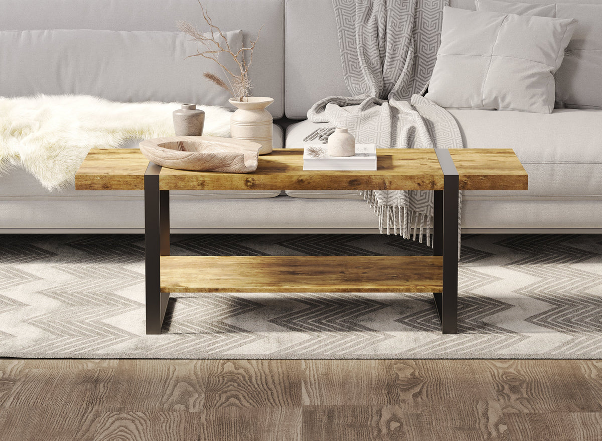 Coffee Table, 44 in, Reclaimed-Wood-Look Finish, Black Metal Base