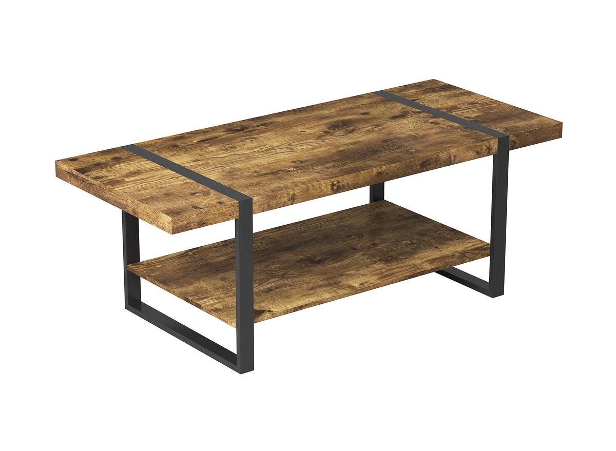 Coffee Table, 44 in, Reclaimed-Wood-Look Finish, Black Metal Base