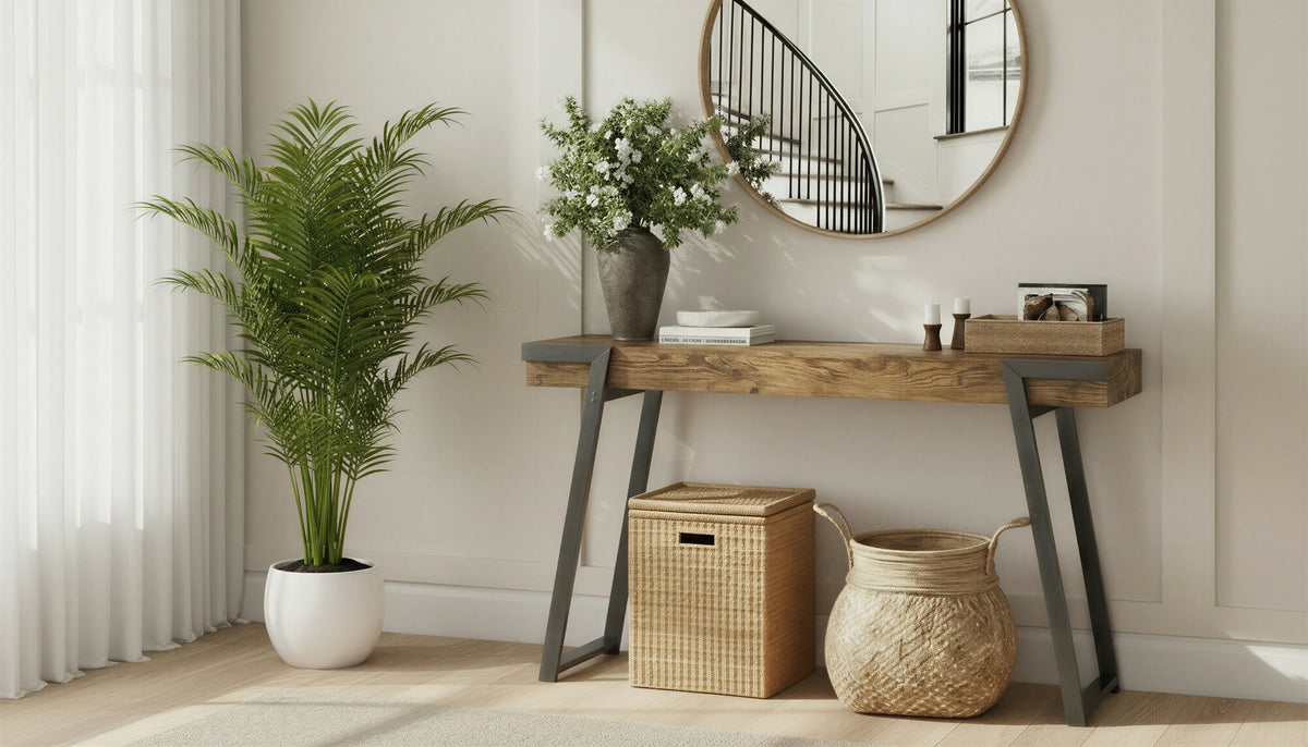 Console Table, 47 in, Reclaimed-Wood-Look Finish, Black Metal Base
