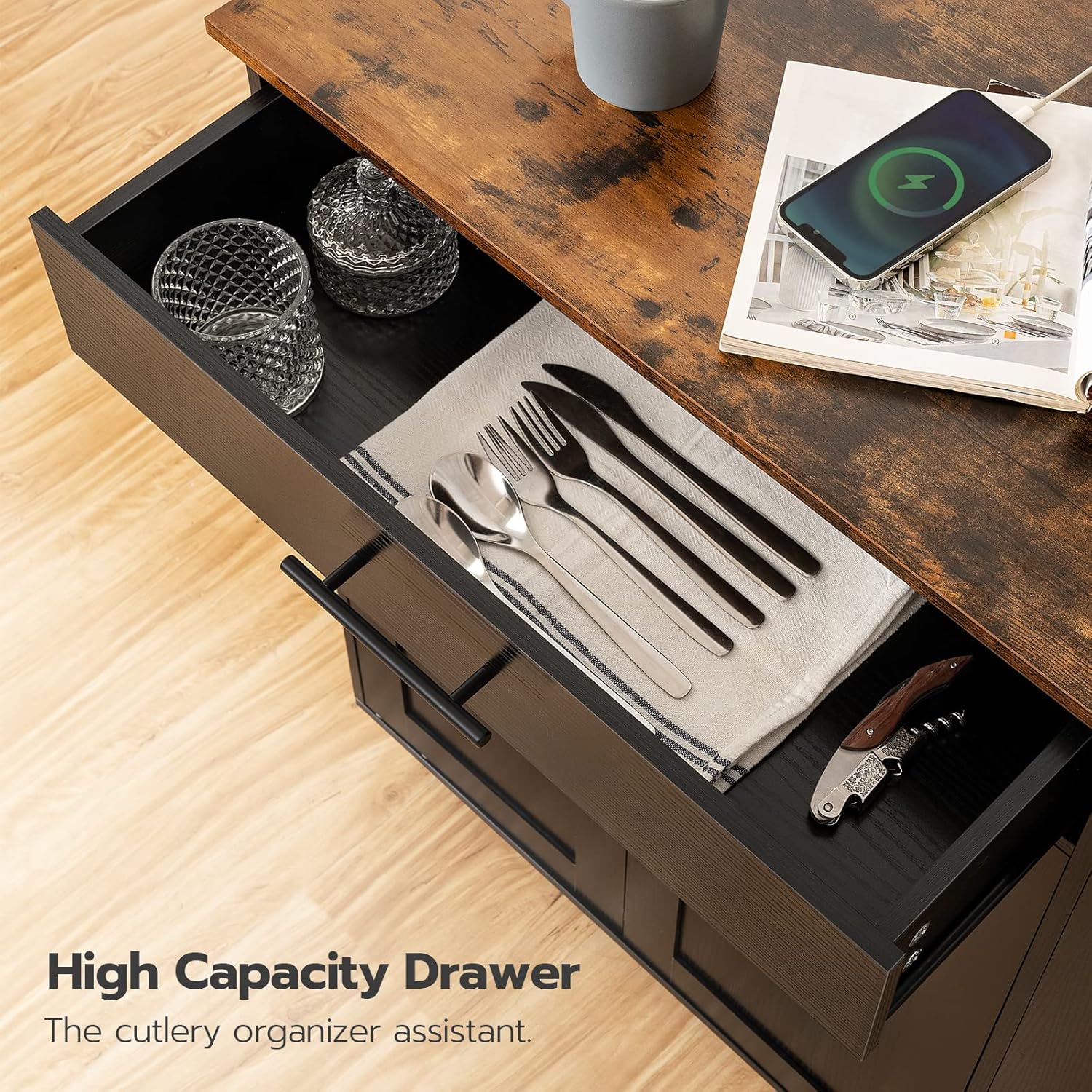HOOBRO Kitchen Island Cart with Power Outlet, Rolling Kitchen Storage Cabinet with Drawer, Spice Rack & Adjustable Shelf, Rustic Brown BF82UZD01G1