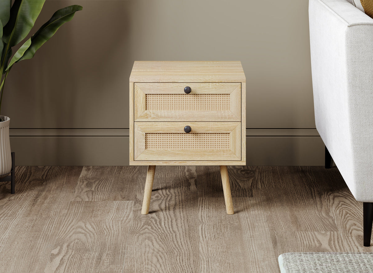 Nightstand, 2 Drawers, Cane-Look Fronts, Natural Wood-Look Finish