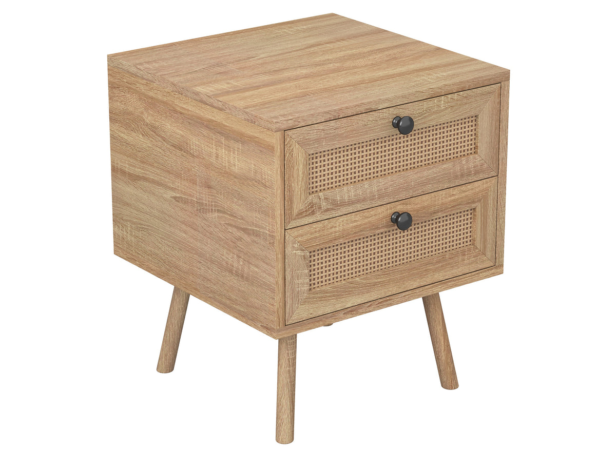 Nightstand, 2 Drawers, Cane-Look Fronts, Natural Wood-Look Finish