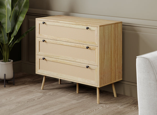 Dresser, 3 Drawers, Cane-Look Fronts, Natural Wood-Look Finish