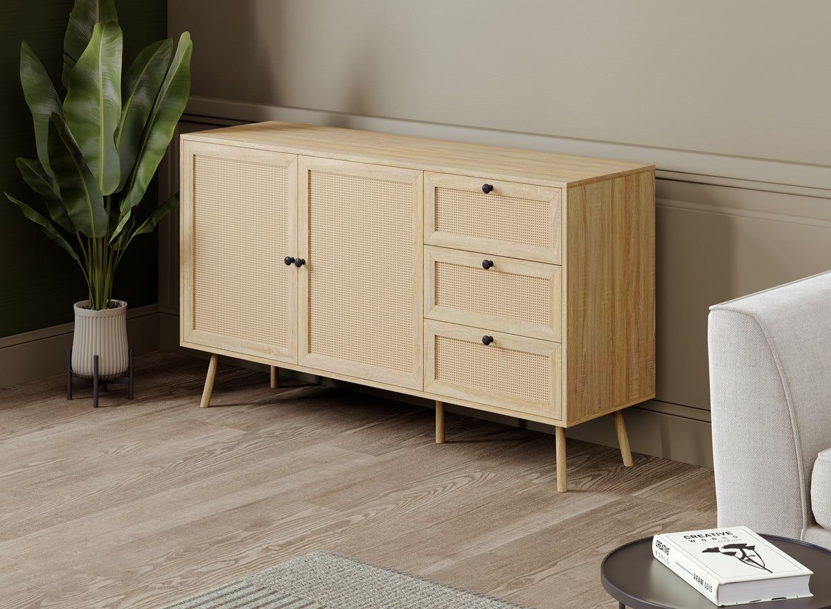 Sideboard Buffet, 2 Doors and 3 Drawers, Cane-Look Fronts, Wood-Look Finish