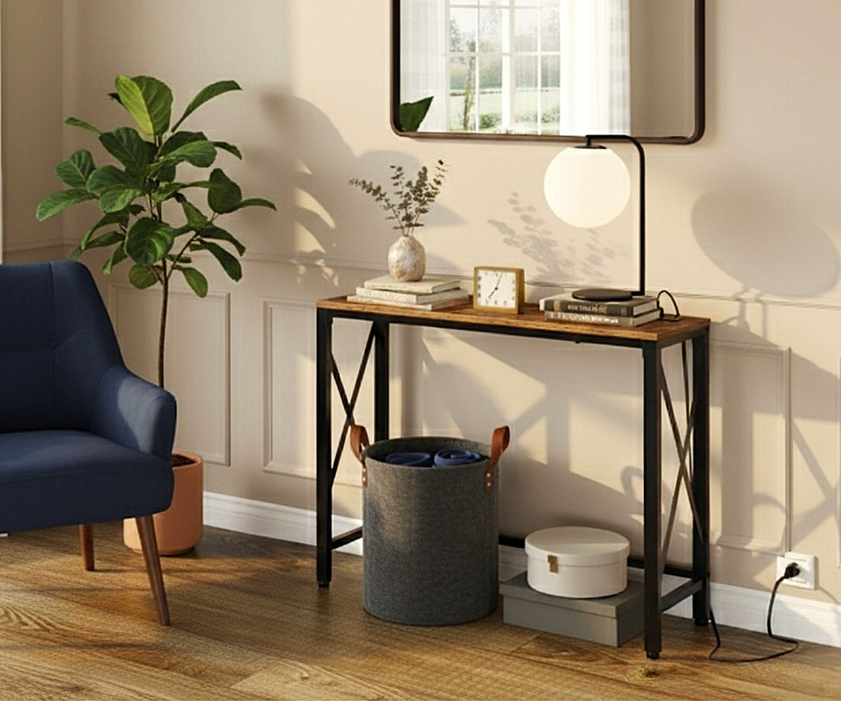 Console Table with Outlets and USB Ports, 55 in, Reclaimed-Wood-Look Finish