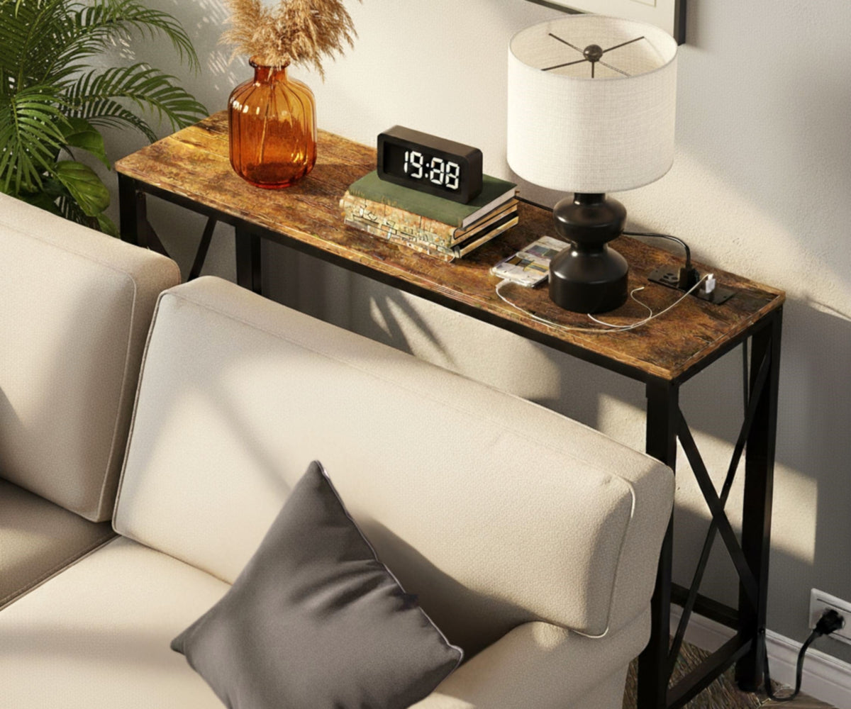Console Table with Outlets and USB Ports, 55 in, Reclaimed-Wood-Look Finish