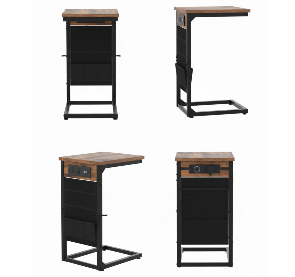 C-Shaped End Tables with Outlets and USB Ports, Set of 2, Reclaimed-Wood-Look Finish
