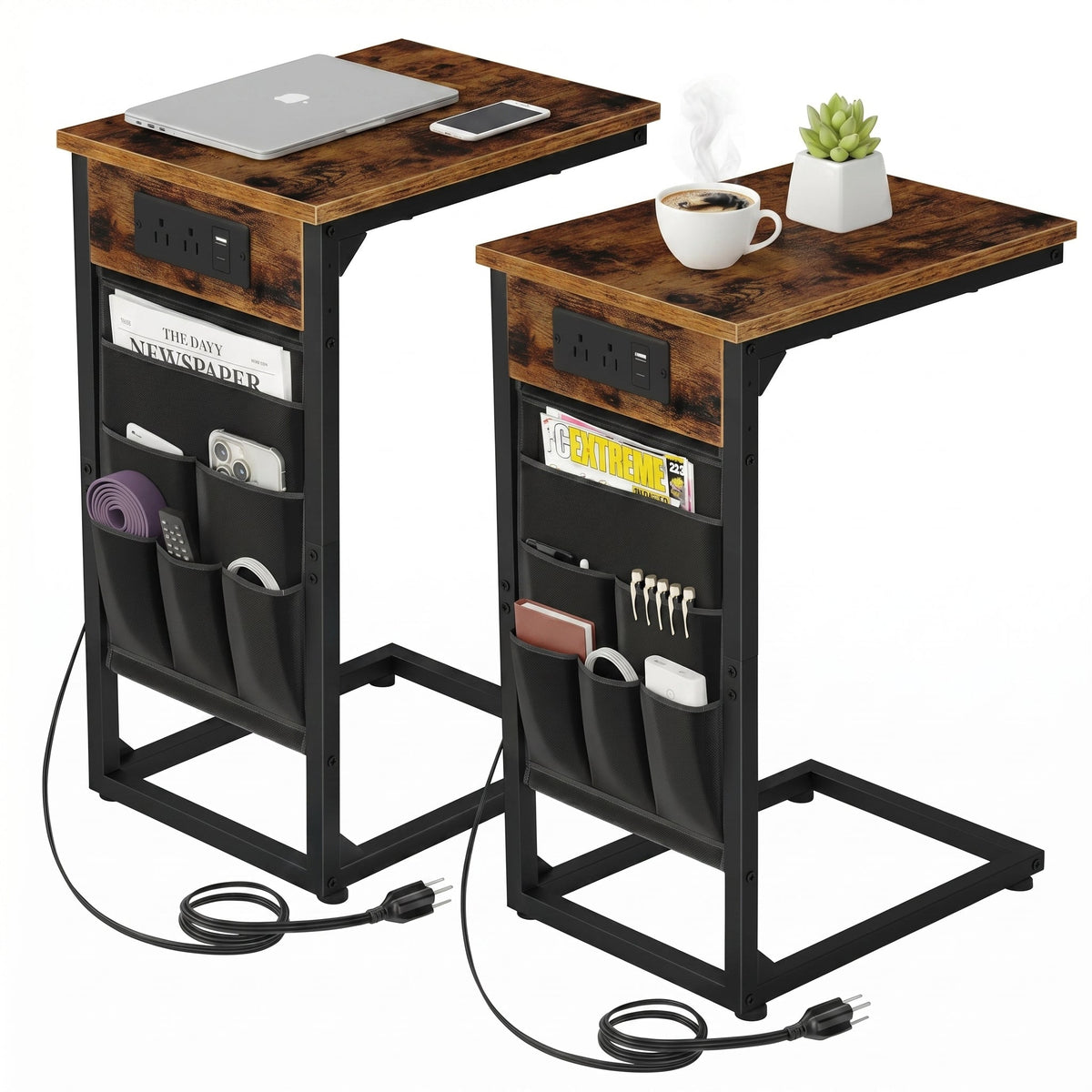 C-Shaped End Tables with Outlets and USB Ports, Set of 2, Reclaimed-Wood-Look Finish