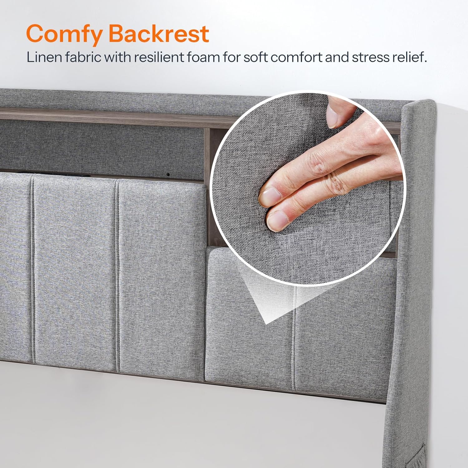 HOOBRO Full Size Upholstered Bed Frame with Storage Headboard, LED Lights & Charging Station, Gray