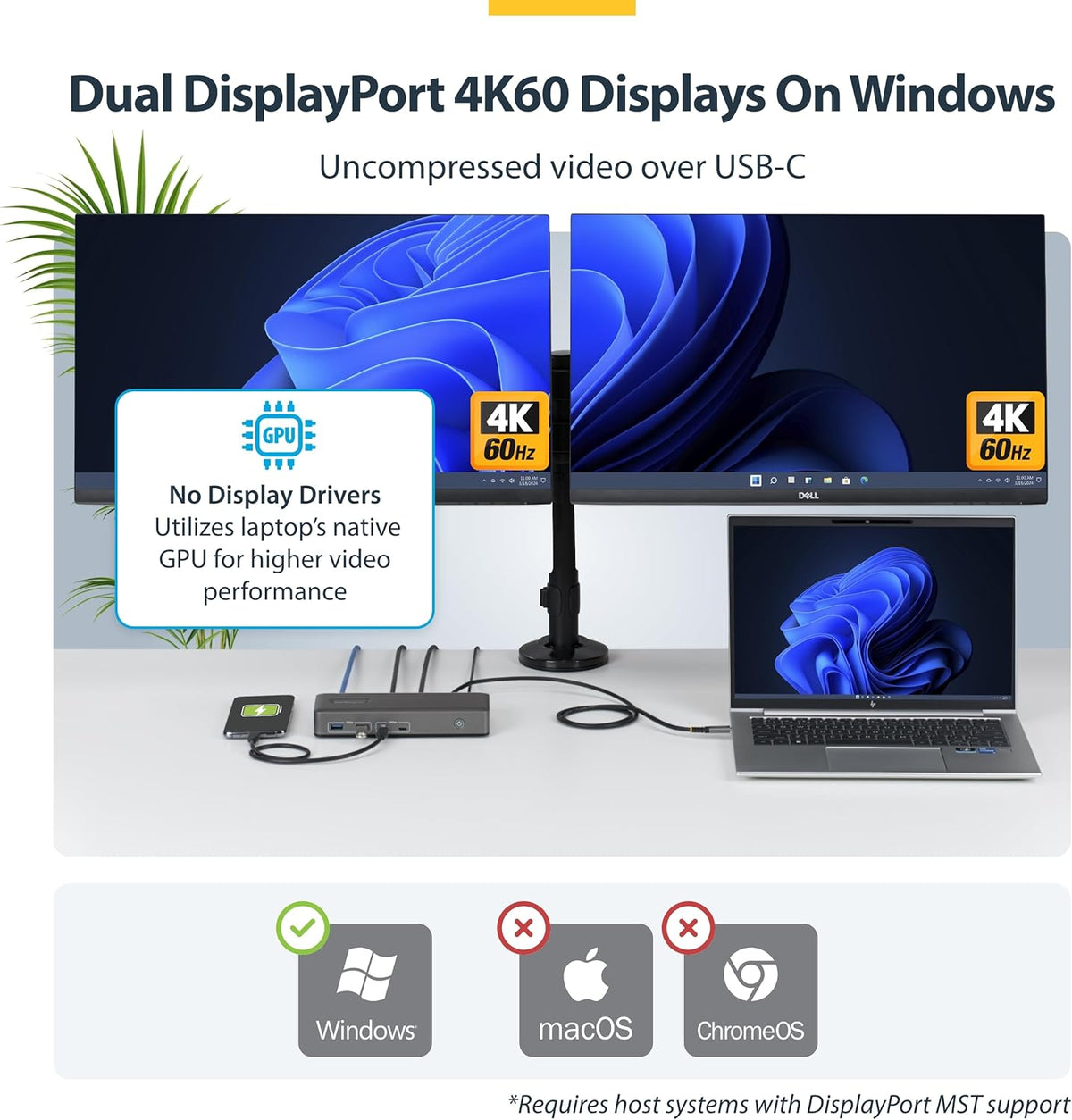 StarTech USB-C Dual 4K 60Hz DisplayPort Docking Station, 100W Power Delivery, 6 USB Ports & Gigabit Ethernet