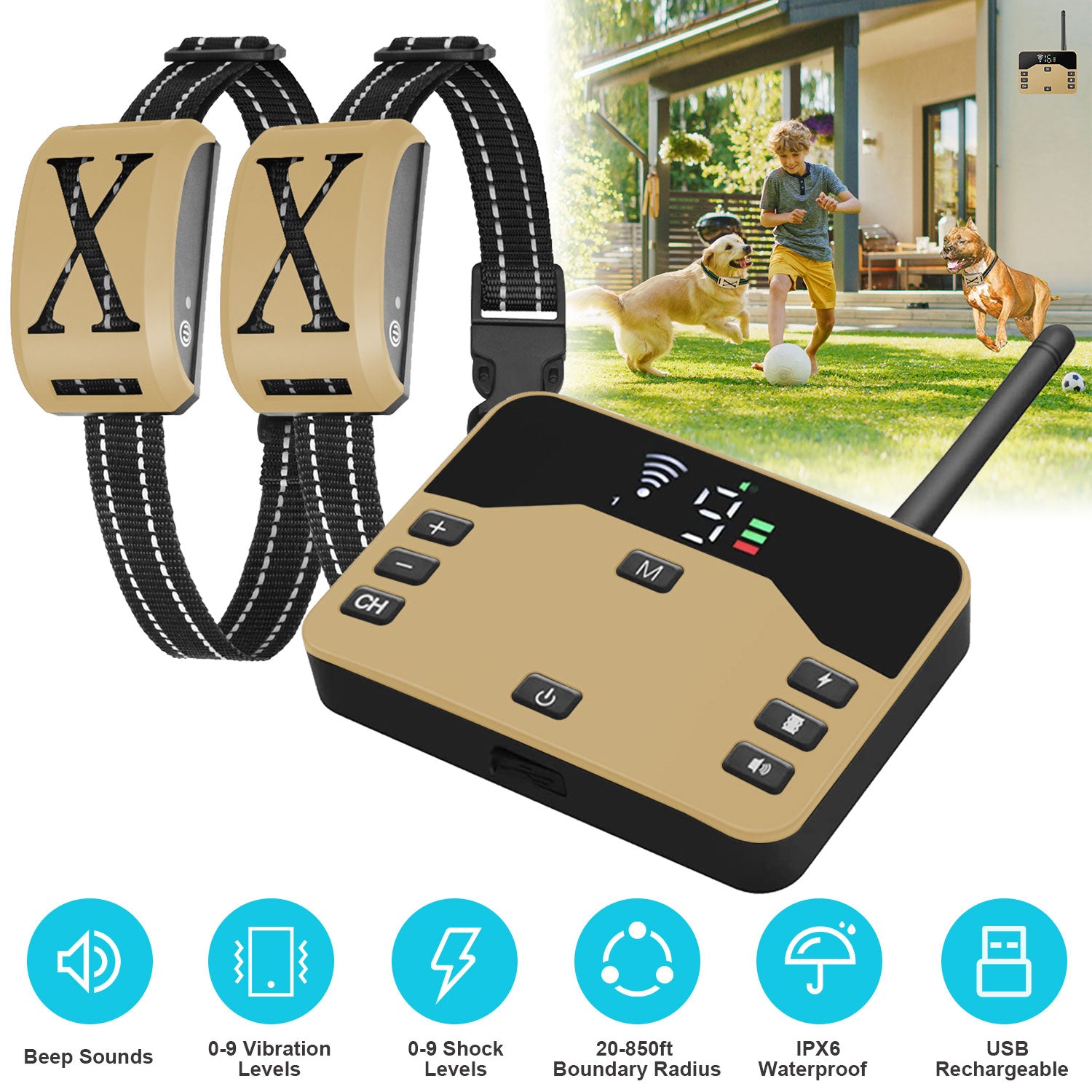 2 In 1 Wireless Electric Dog Fence Waterproof Pet Shock Boundary Containment System Electric Training Collar with 2 Receiver Collars for Small Medium