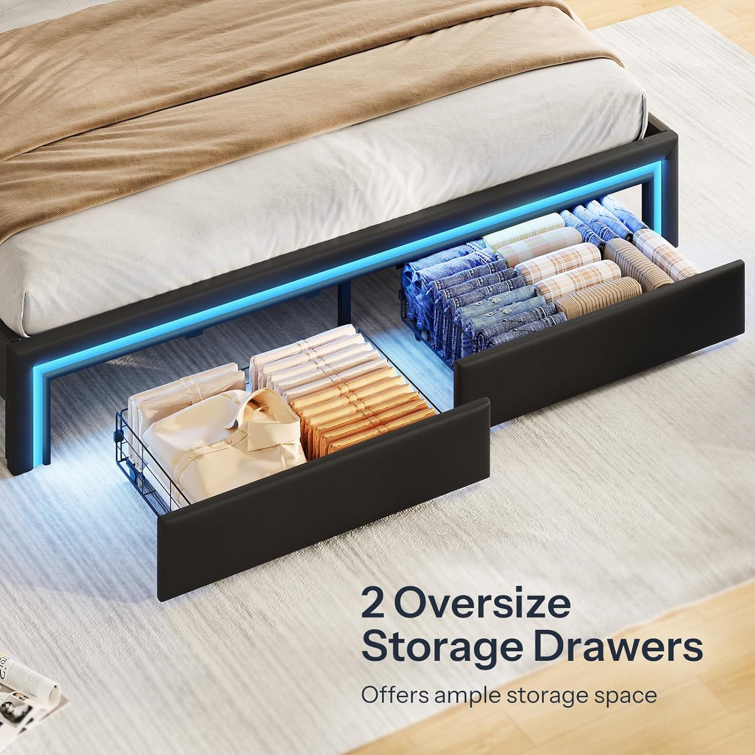 HOOBRO King Size Upholstered Metal Bed Frame with LED Light Strip, Charging Station & 2 Storage Drawers, Black BB42UDBF01