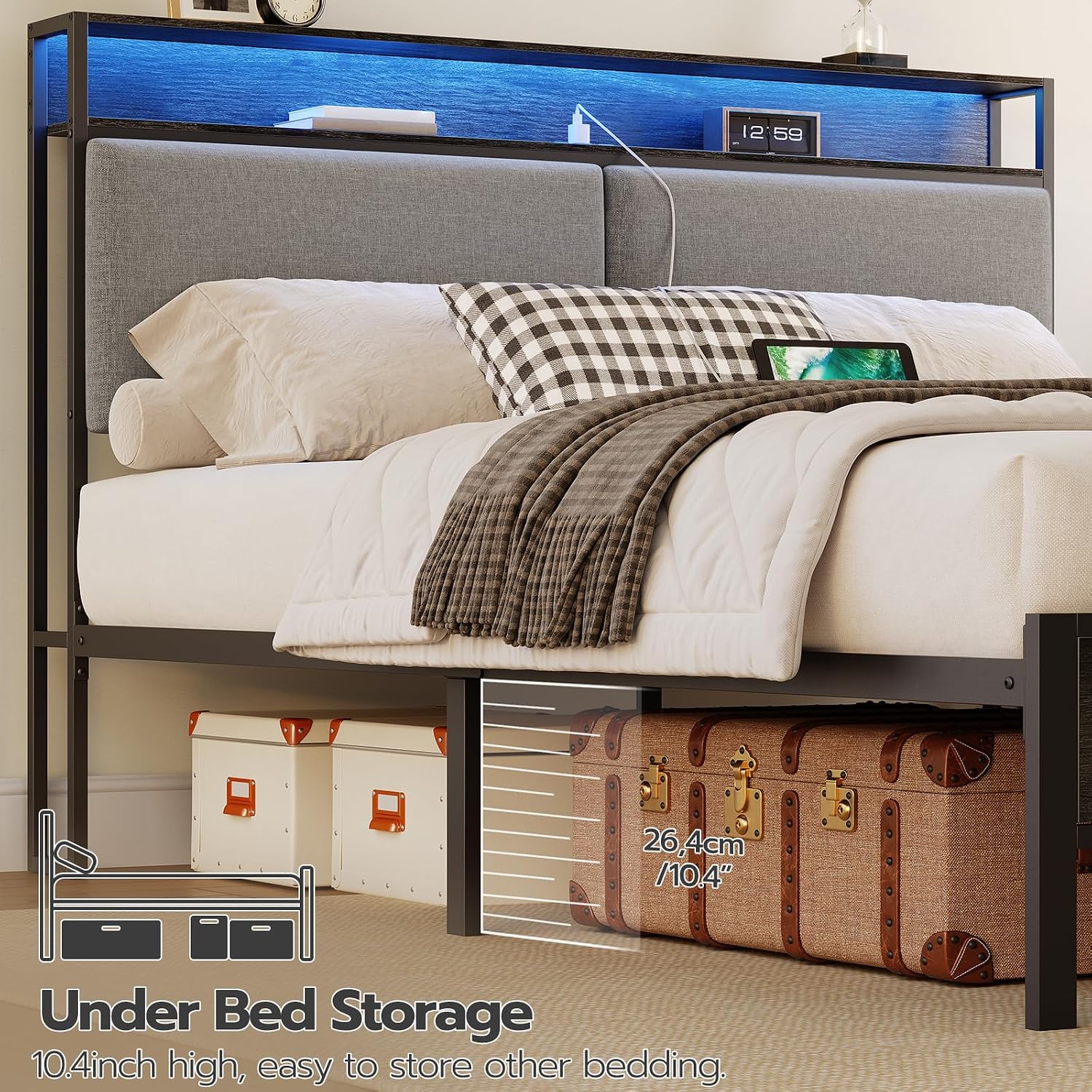 HOOBRO Queen Size Bed Frame with Storage Headboard, Charging Station & 16-Color LED Lights, Charcoal Gray