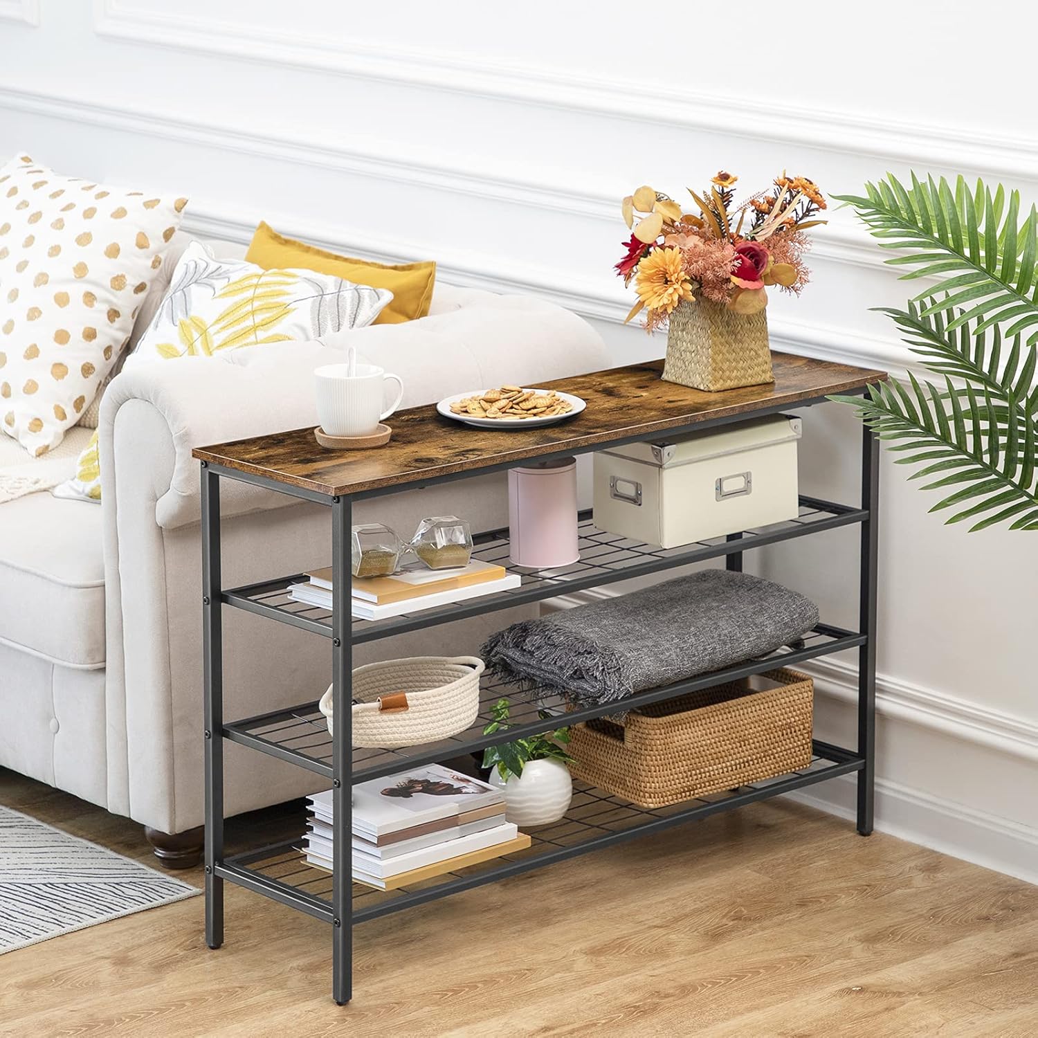 HOOBRO 4-Tier Industrial Shoe Rack Storage Organizer with Metal Mesh Shelves, Rustic Brown BF04XJ01