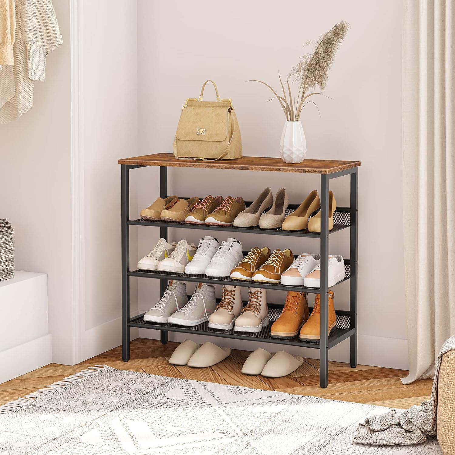 HOOBRO Industrial 4-Tier Shoe Rack with 3 Mesh Shelves and Rustic Wood Look Top, BF14XJ01