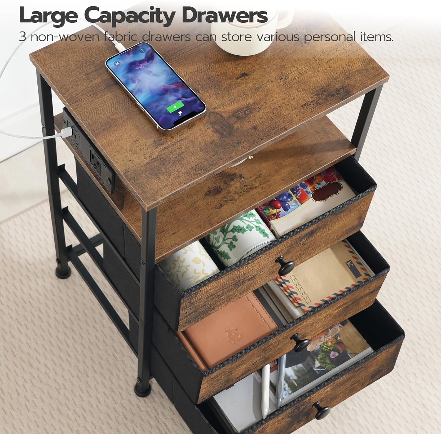 HOOBRO Bedside Table with Charging Station, Narrow Nightstand with 3 Fabric Drawers, USB & Type-C Ports, End Table with Open Storage Shelves, Rustic Brown BF403UBZ01