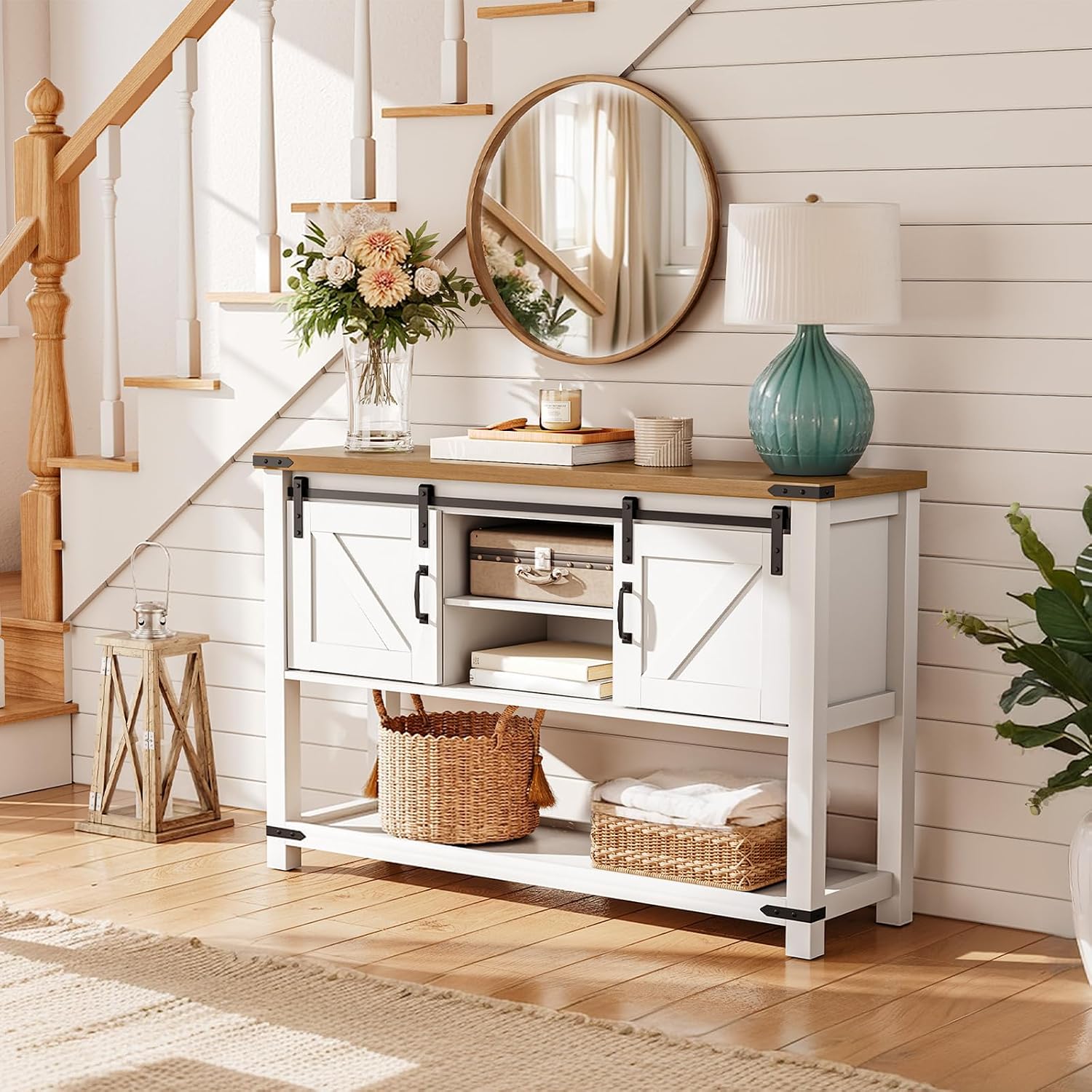 HOOBRO 39.4" Farmhouse Console Table with Sliding Barn Doors, Storage Cabinets & Open Shelf, White & Walnut