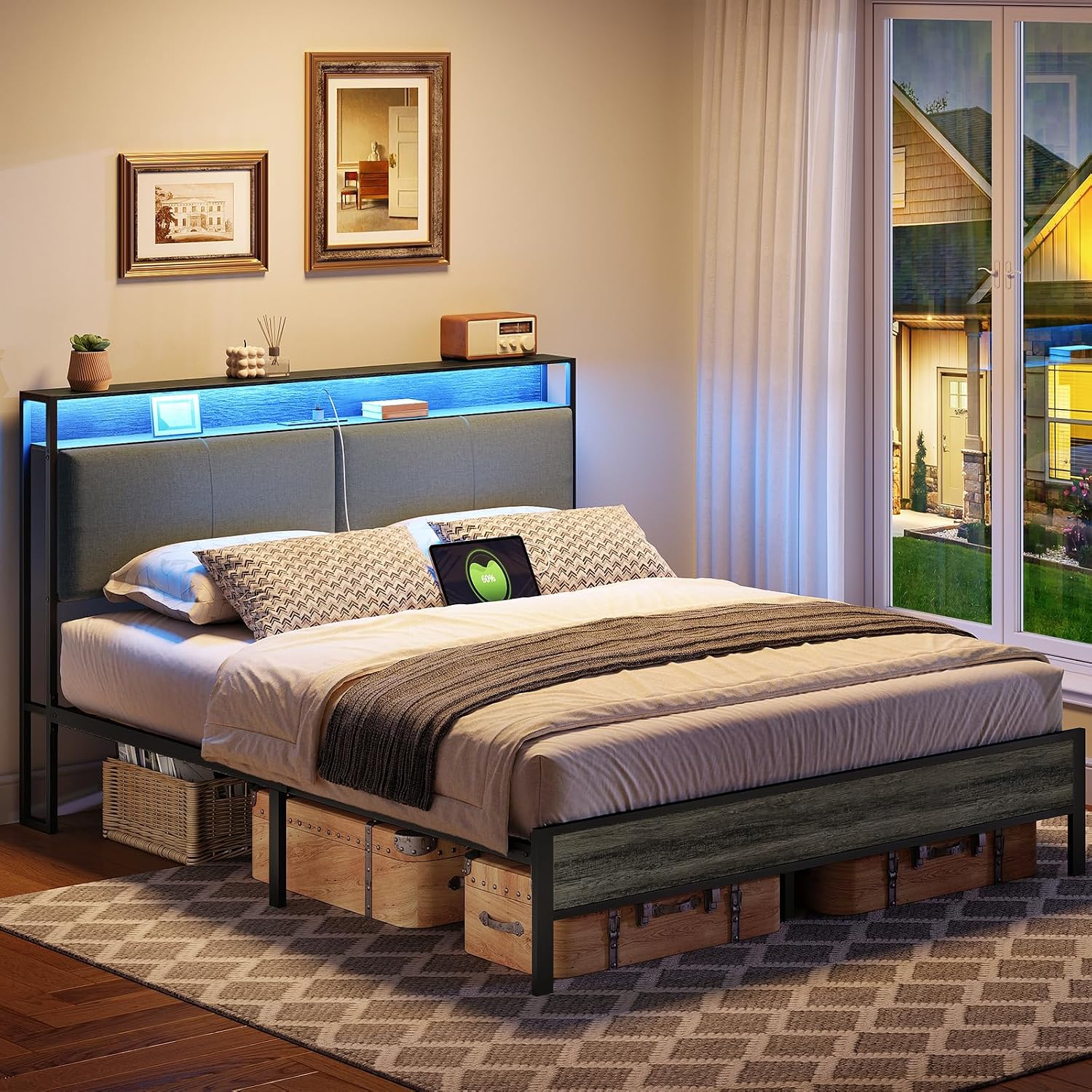 HOOBRO Queen Size Bed Frame with Storage Headboard, Charging Station & 16-Color LED Lights, Charcoal Gray