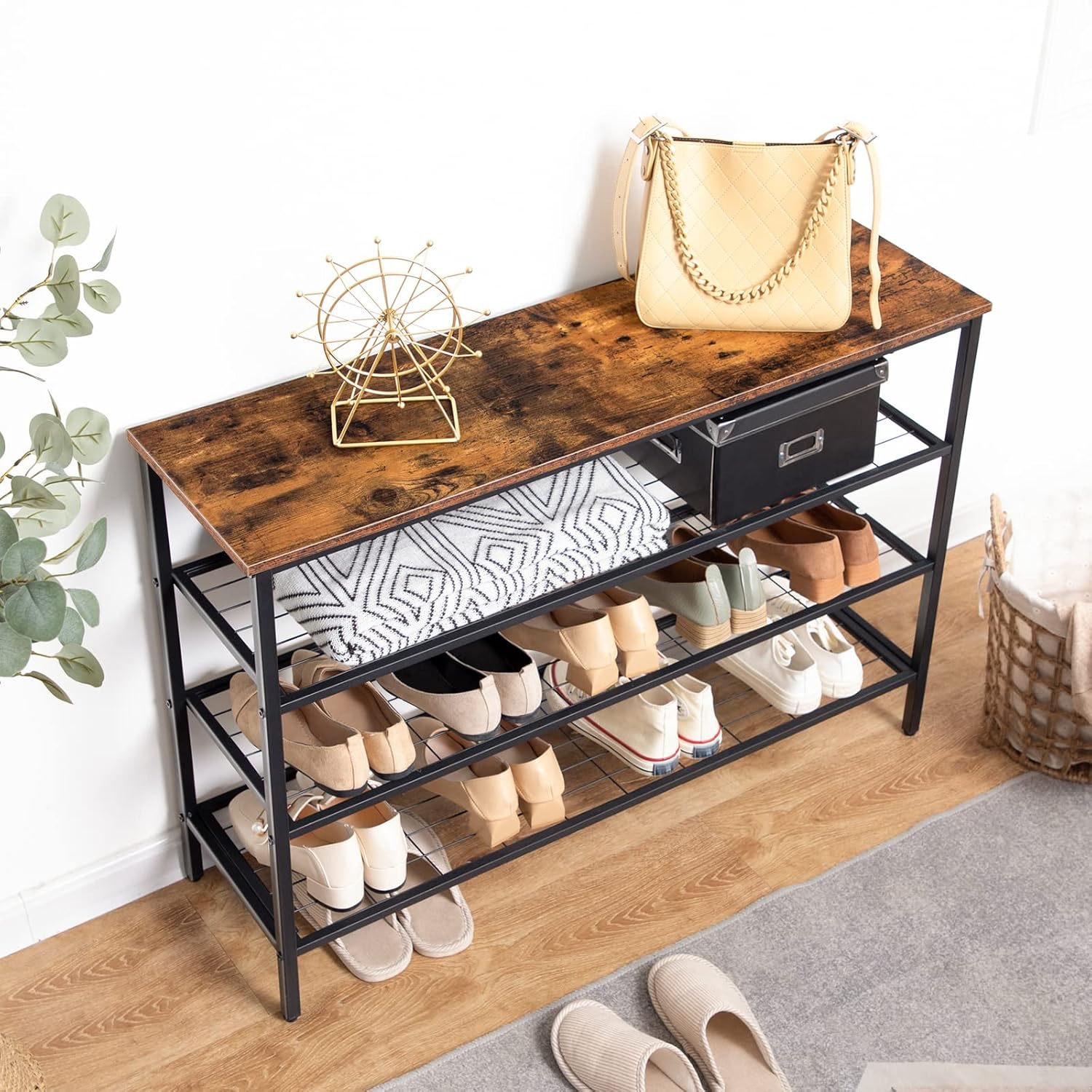 HOOBRO 4-Tier Industrial Shoe Rack Storage Organizer with Metal Mesh Shelves, Rustic Brown BF04XJ01