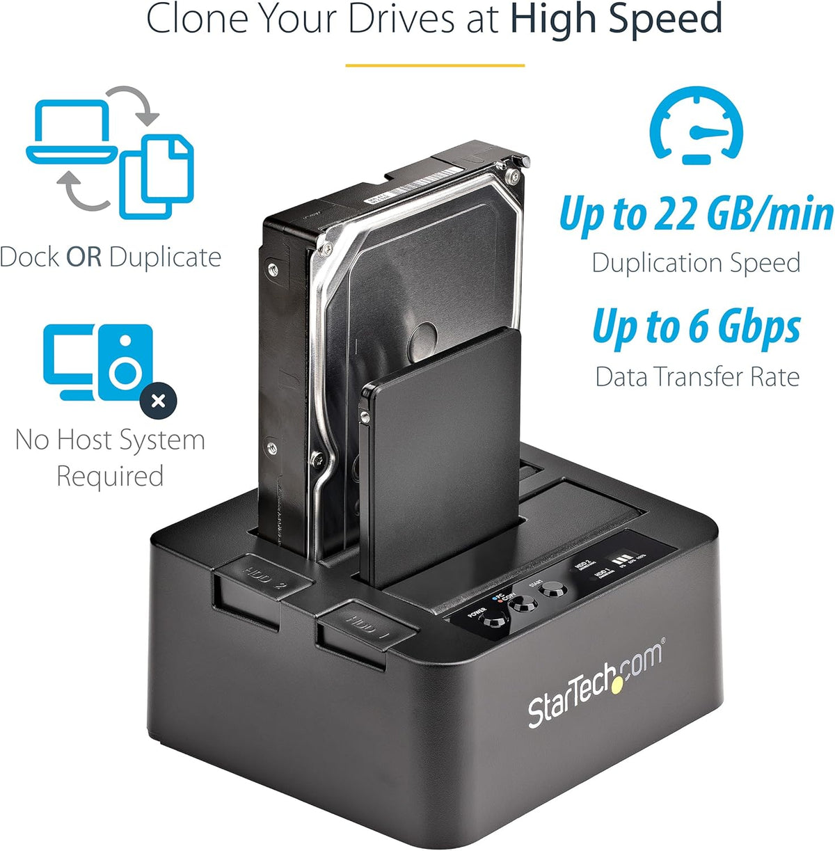 StarTech Dual-Bay SATA HDD/SSD Duplicator & Docking Station, Standalone Hard Drive Cloner with USB 3.0 & eSATA