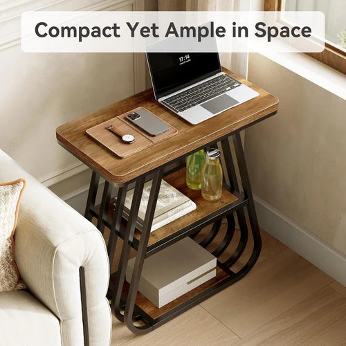End Table 23.62" 3-Tier Narrow Side Table with Storage Shelves Industrial Metal Frame Oak Finish for Small Spaces Living Room Bedroom