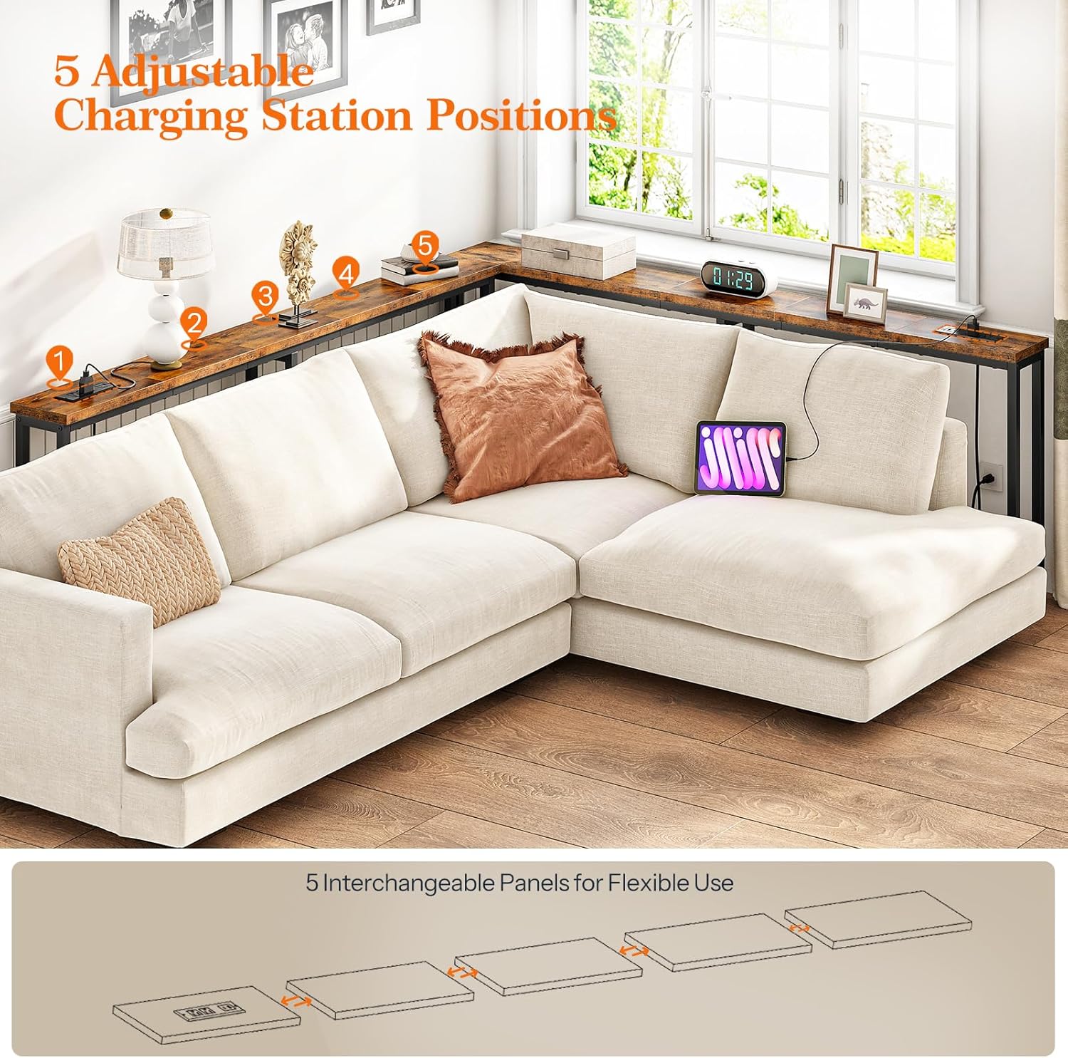 HOOBRO 70.9" Skinny Console Table with Charging Station, Narrow Sofa Table with USB & Type-C Ports, Rustic Brown