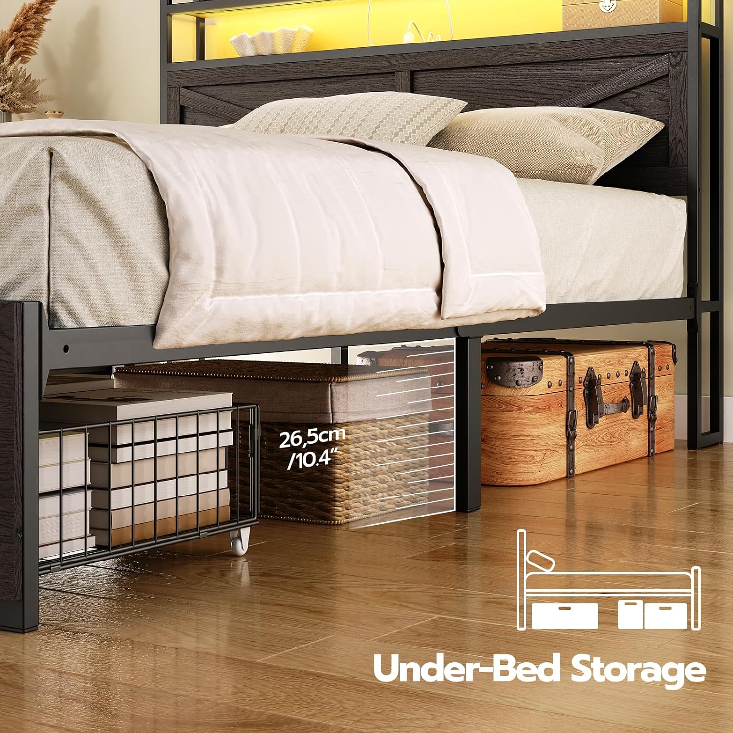 HOOBRO Full Size LED Bed Frame with Charging Station, Storage Headboard & 2 Drawers, Black