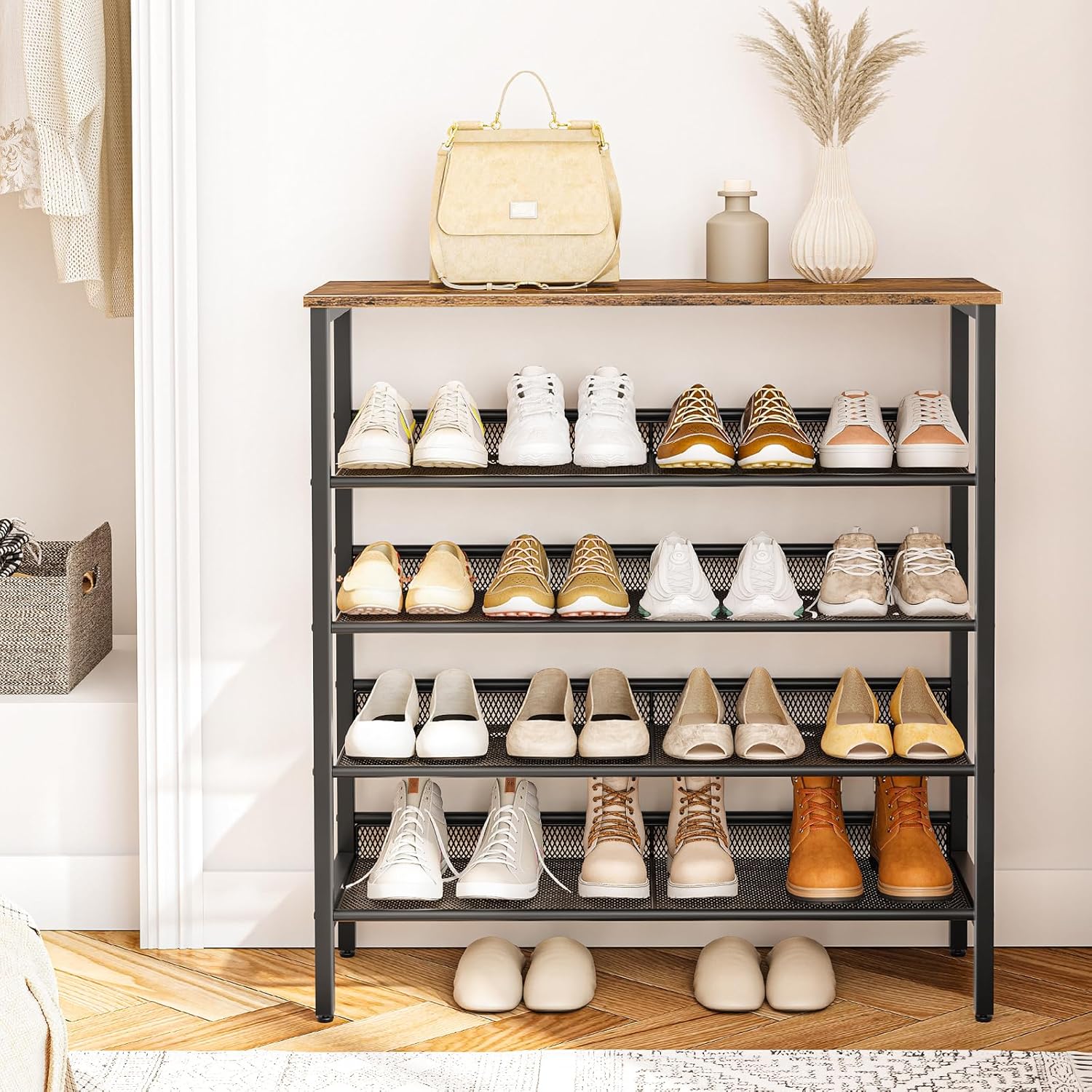 HOOBRO 5-Tier Shoe Rack, Adjustable Flat & Slanted Shoe Storage Organizer for 16 Pairs, Rustic Brown & Black