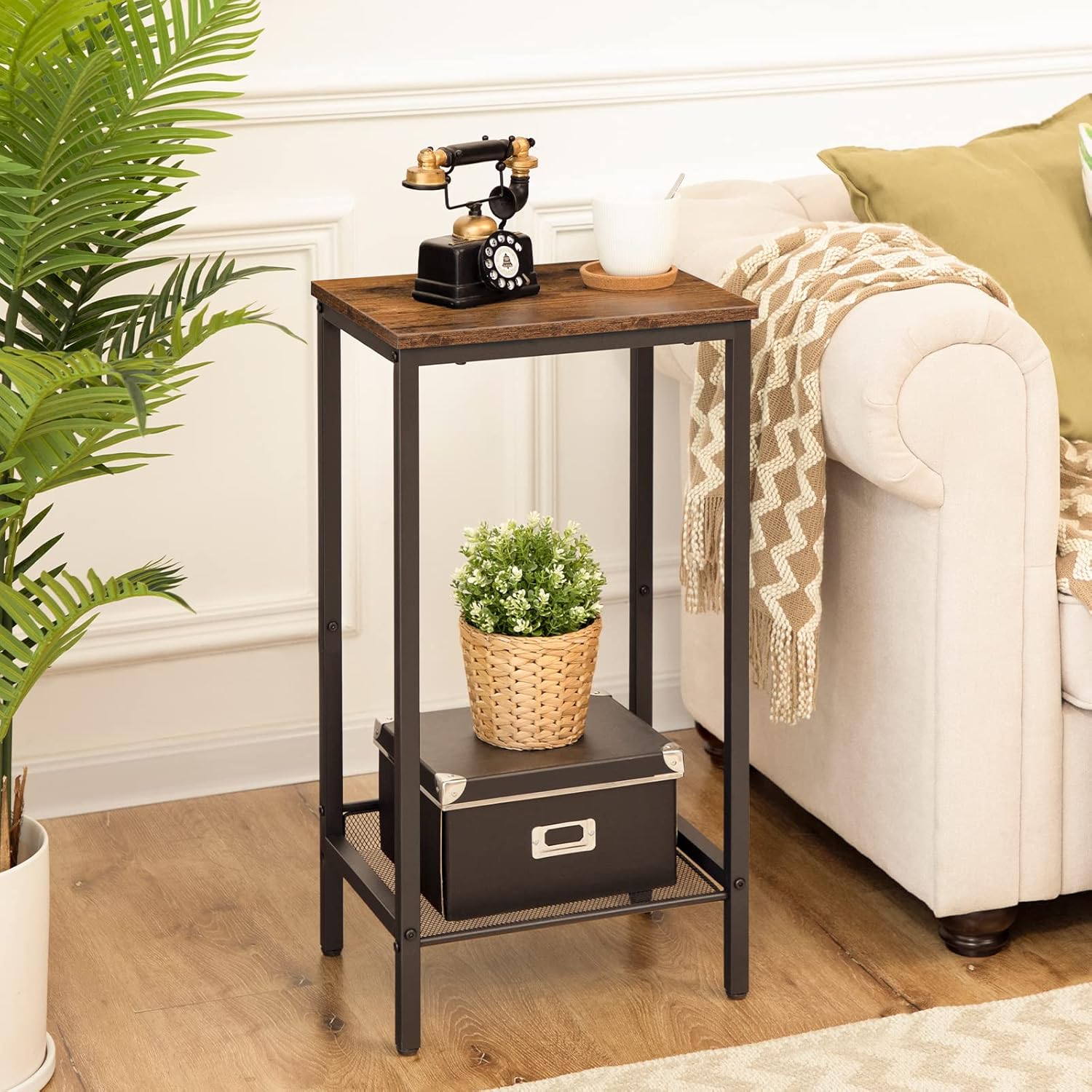 HOOBRO Tall Industrial Side Table BF03DH01 with Adjustable Mesh Shelves, Rustic Brown & Black