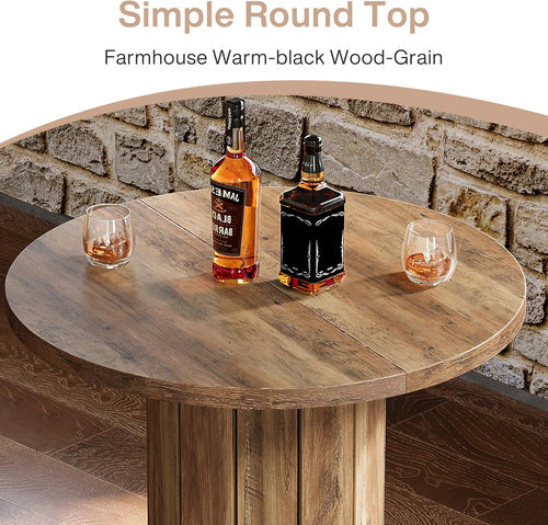 31.5" Round Bar Table with Footrest, Farmhouse Bistro Pub Table with Fence-Style Base & Rustic Brown Wood Finish